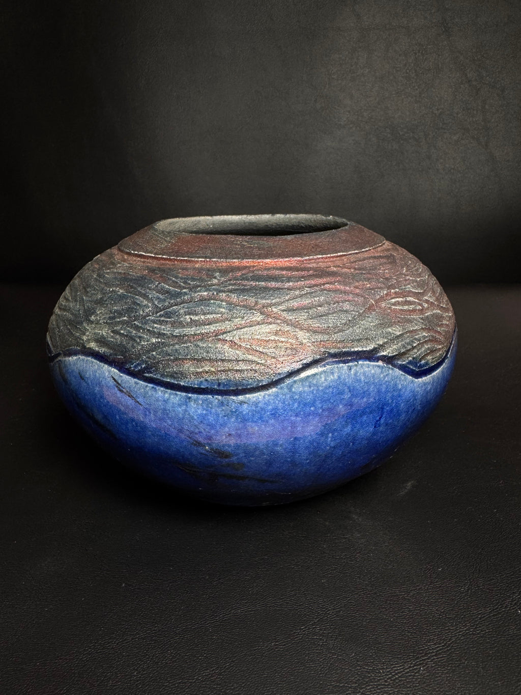 Studio Raku Art Pottery Vase - Iridescent Blue & Textured Copper