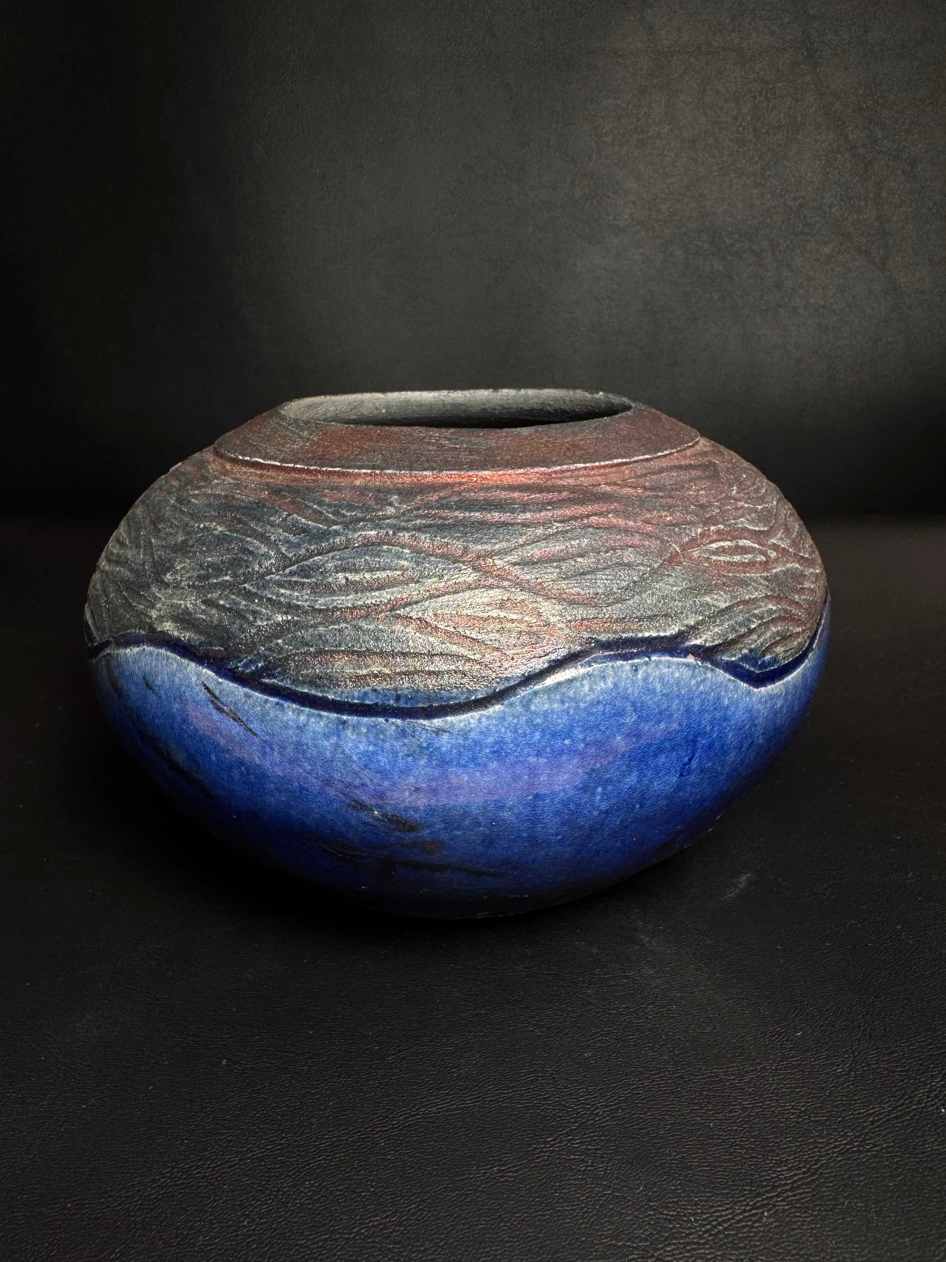 Studio Raku Art Pottery Vase - Iridescent Blue & Textured Copper