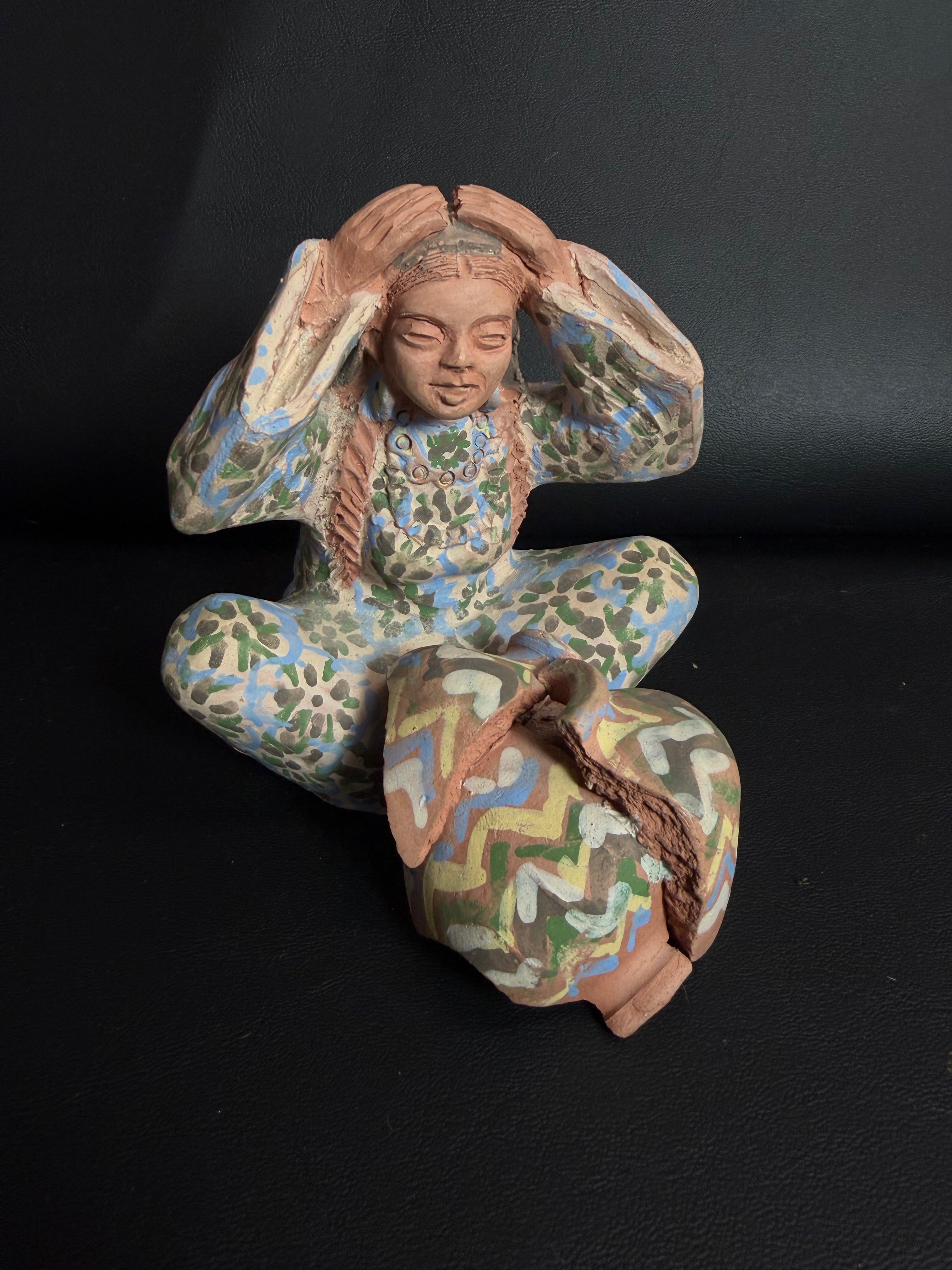 Vintage Signed Studio Art Pottery Sculpture – Woman with Broken Olla Pot, Hand-Painted Terracotta