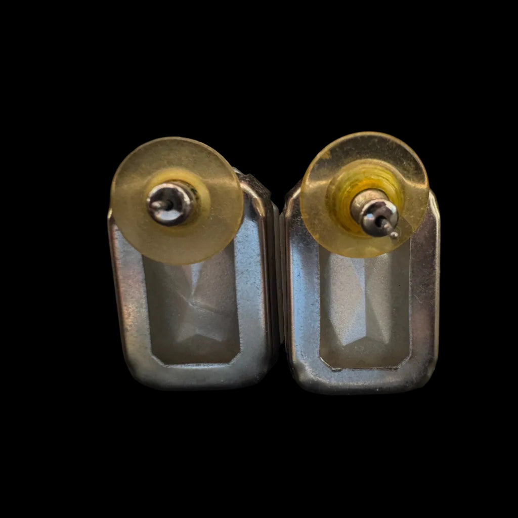 Vintage Large Rectangular Iridescent White Stone Post Earrings