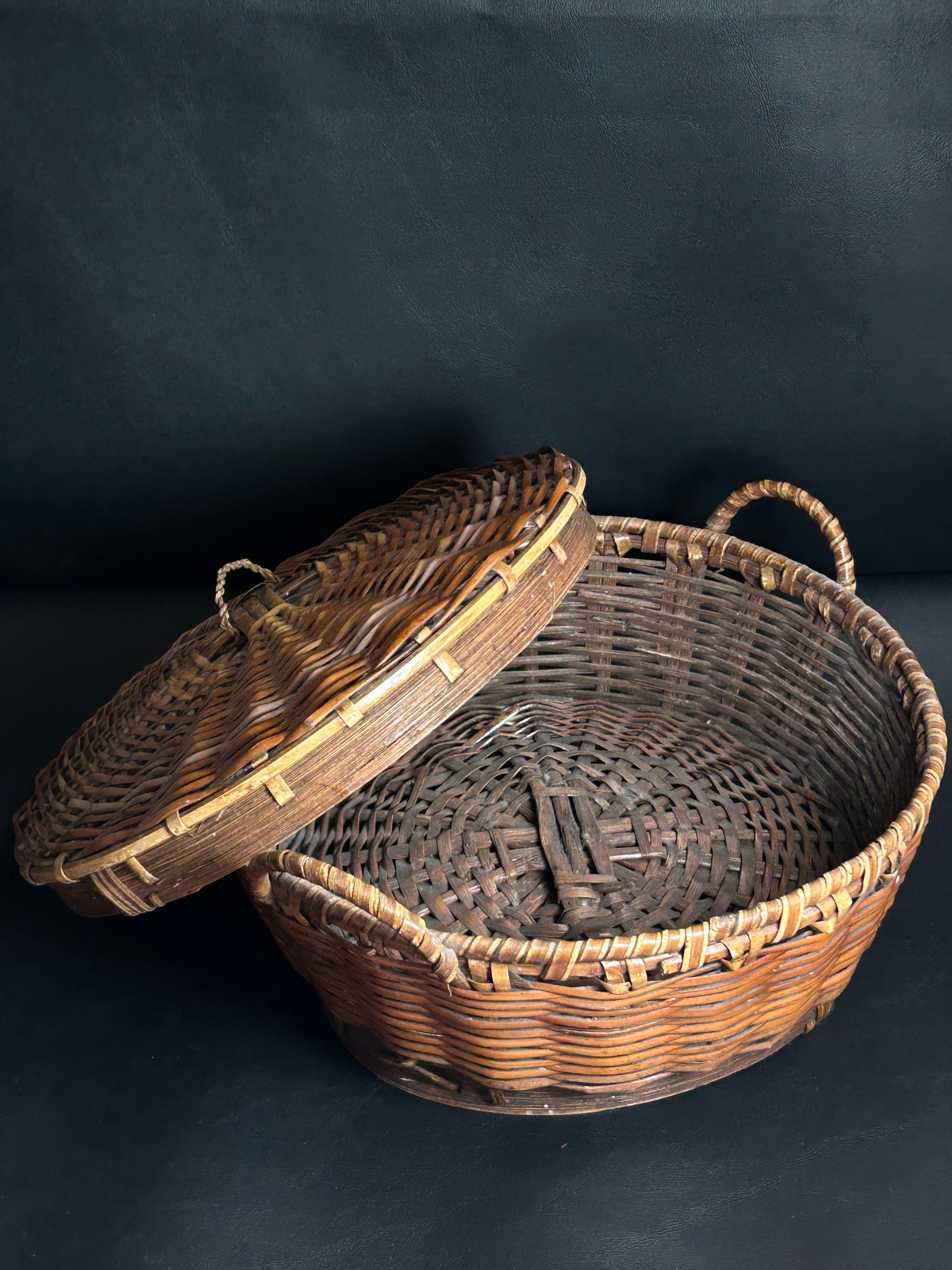Vintage Hand-Woven Round Lidded Market Basket - Double Handle