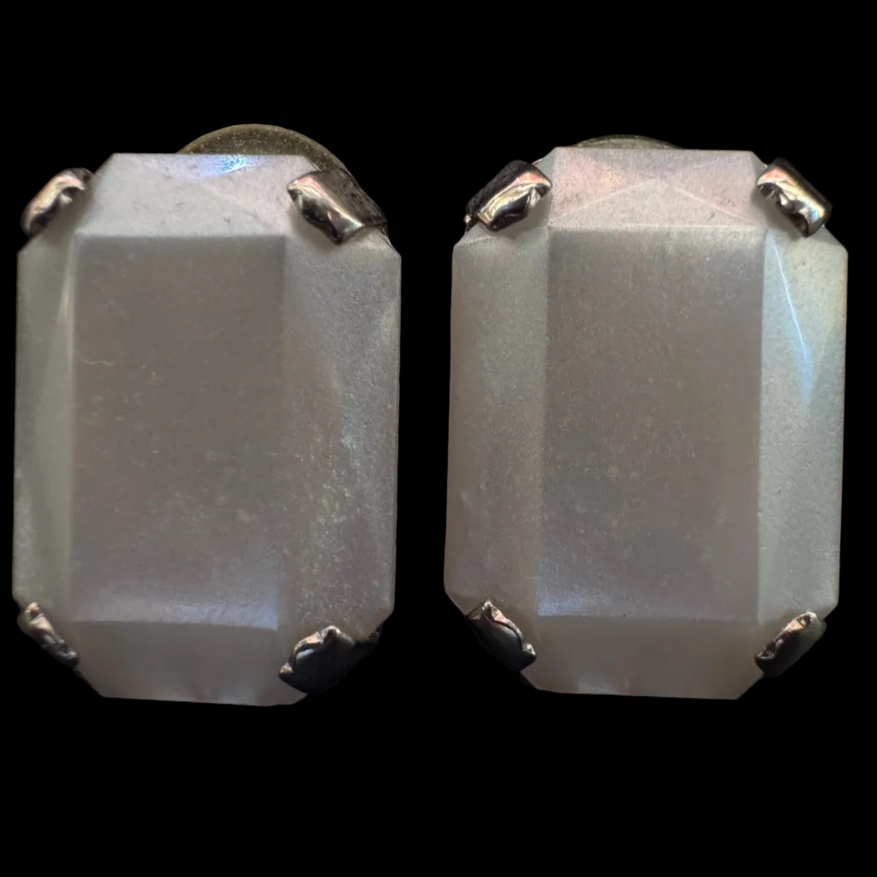 Vintage Large Rectangular Iridescent White Stone Post Earrings
