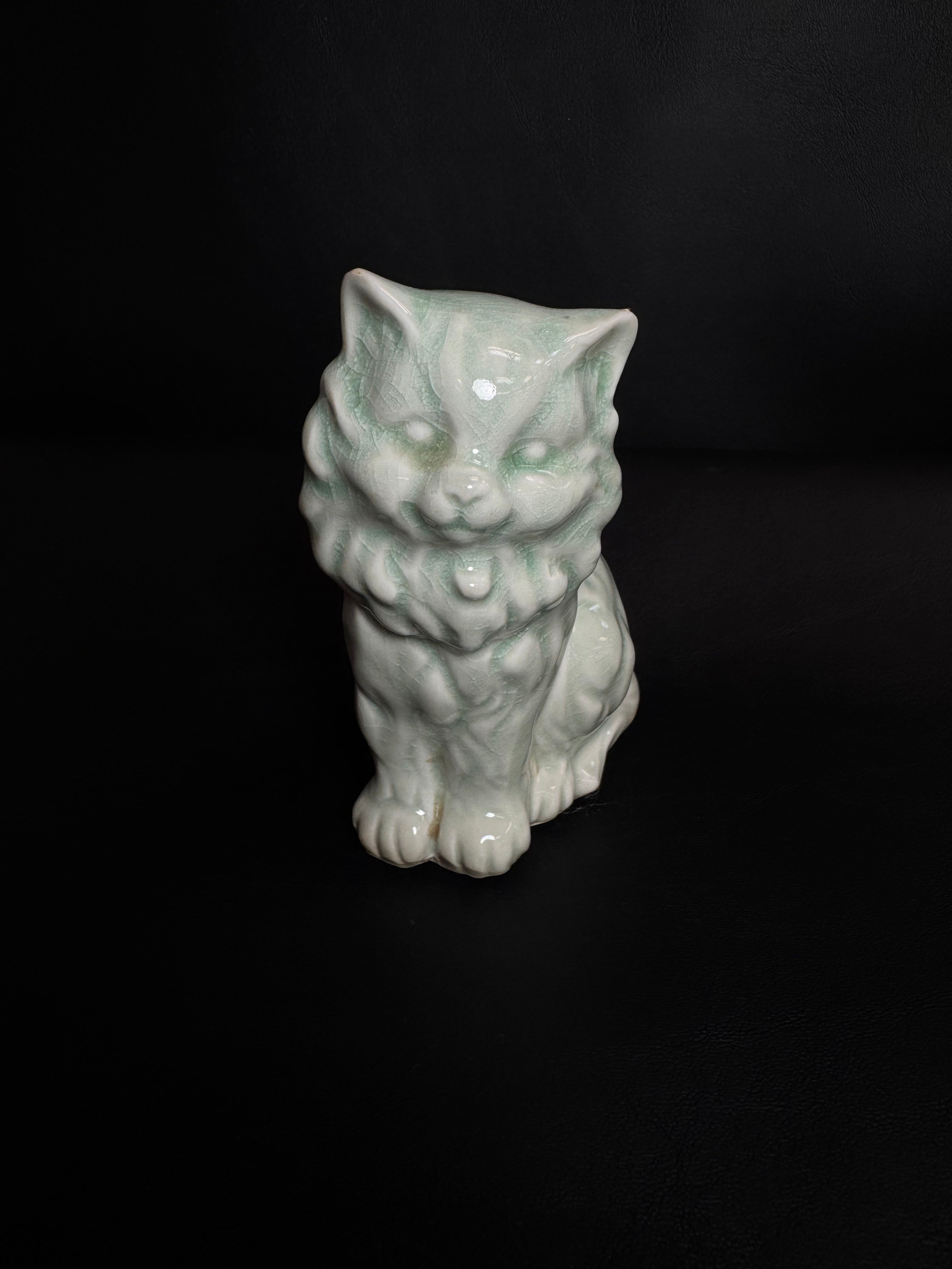 Vintage Mid-Century Celadon Crackle Glaze Persian Cat