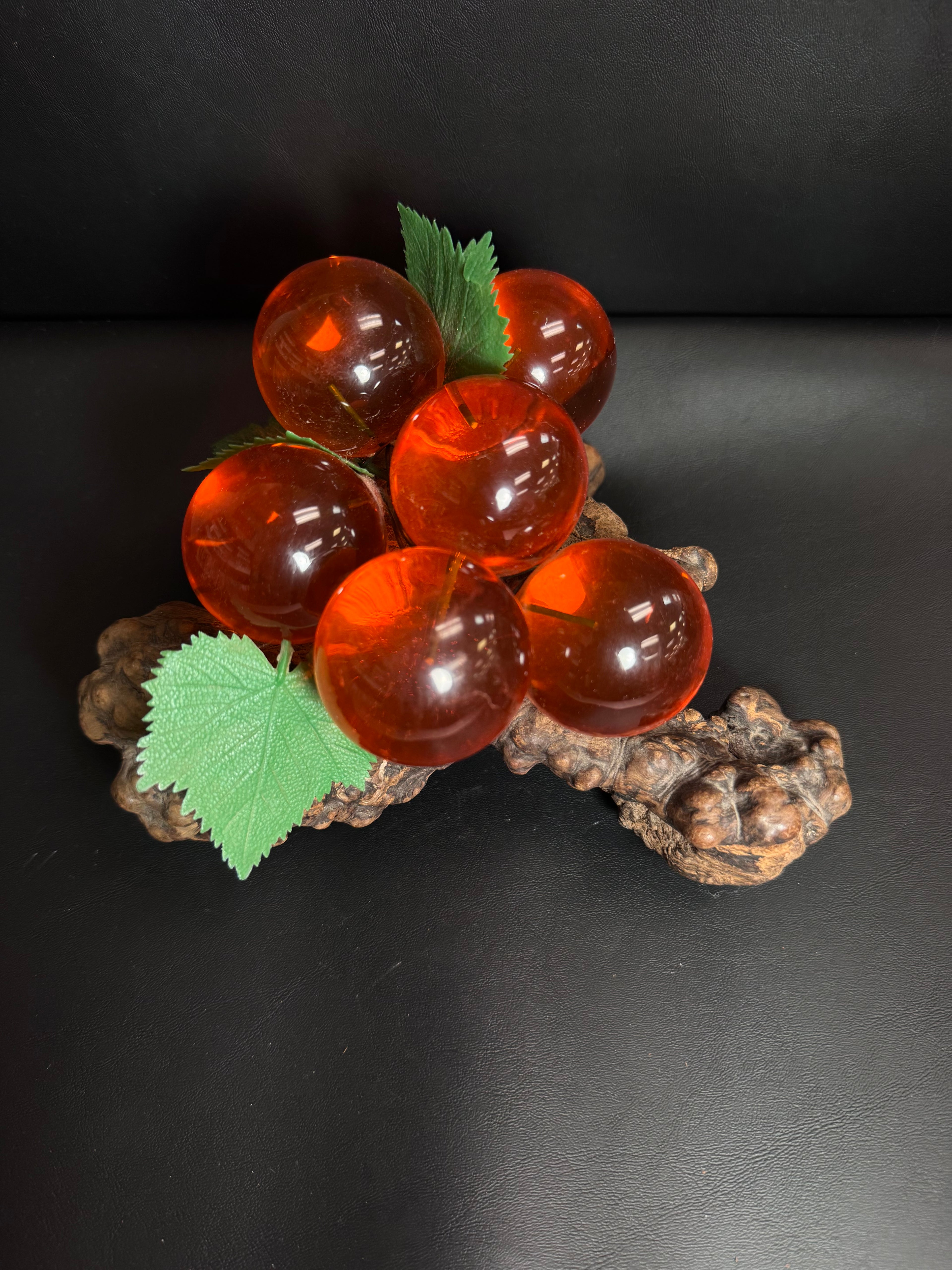Vintage Amber Lucite Grape Cluster on Driftwood