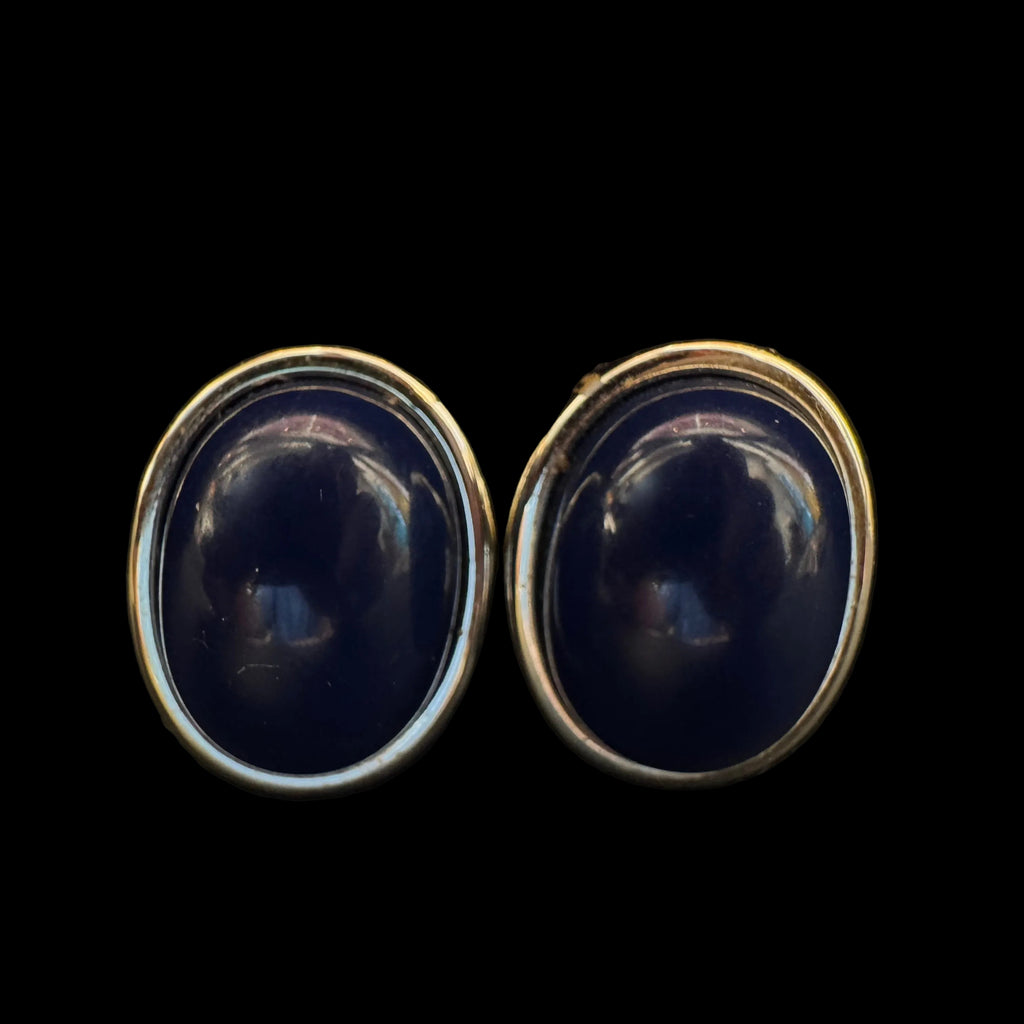 Vintage Oval Navy Blue Cabochon Stud Earrings
