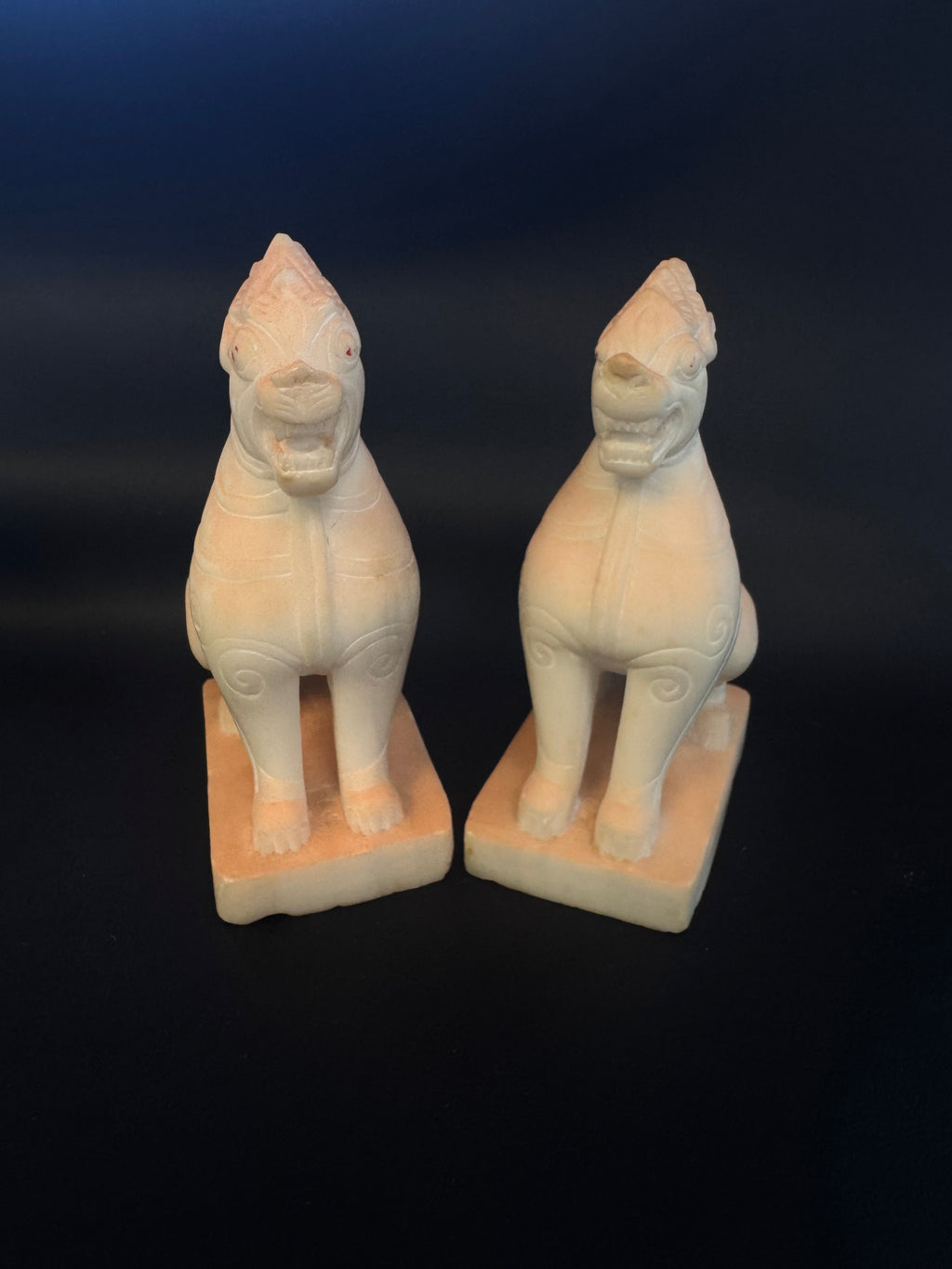 Pair of Hand-Carved Burmese White Marble Chinthe Statues