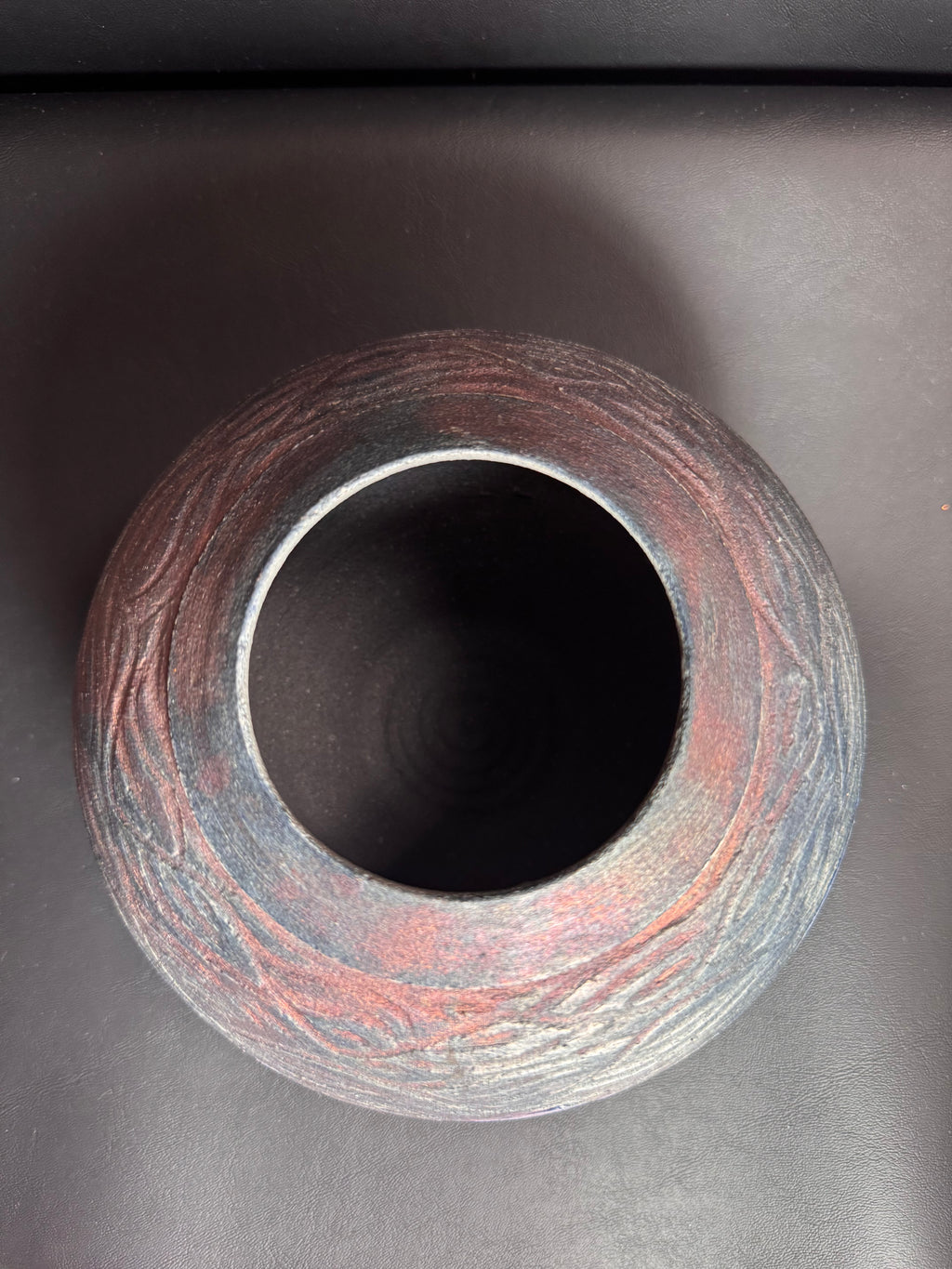 Studio Raku Art Pottery Vase - Iridescent Blue & Textured Copper