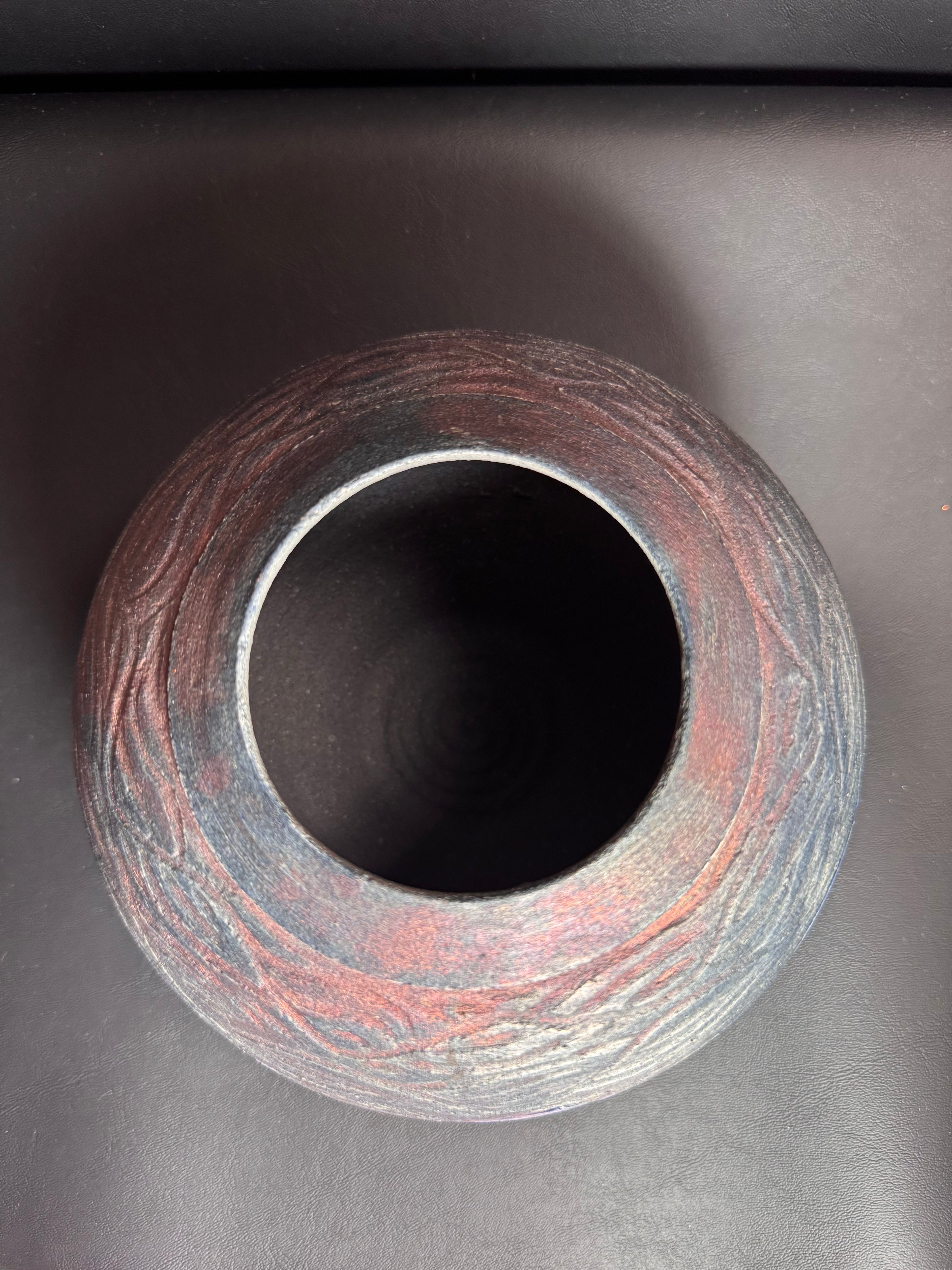 Studio Raku Art Pottery Vase - Iridescent Blue & Textured Copper
