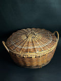 Vintage Hand-Woven Round Lidded Market Basket - Double Handle