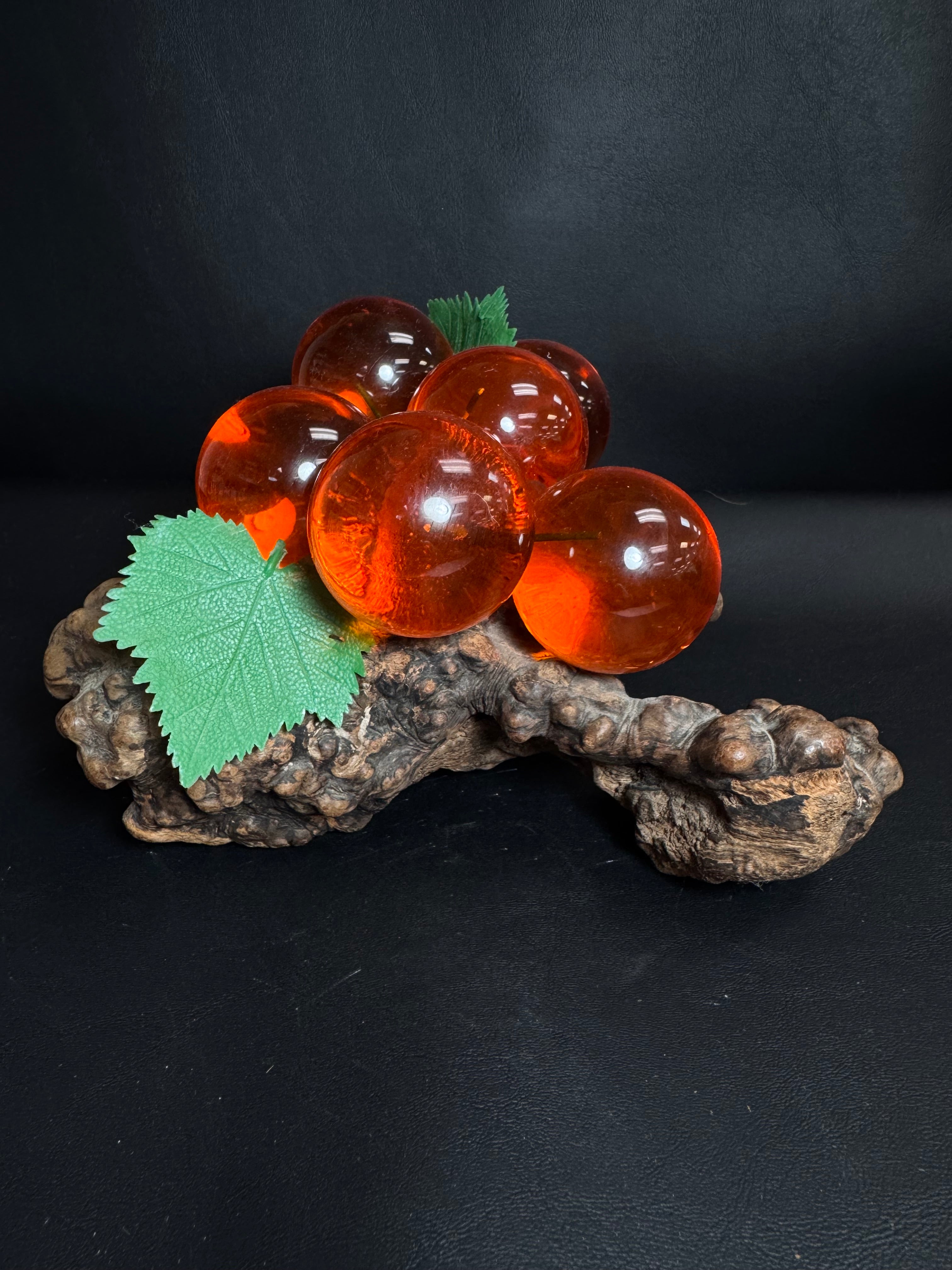 Vintage Amber Lucite Grape Cluster on Driftwood