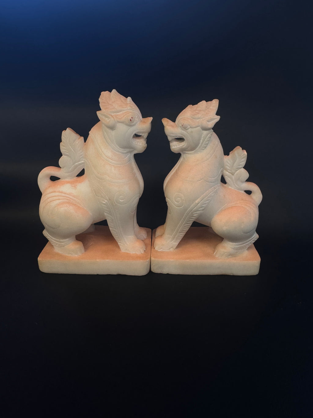 Pair of Hand-Carved Burmese White Marble Chinthe Statues