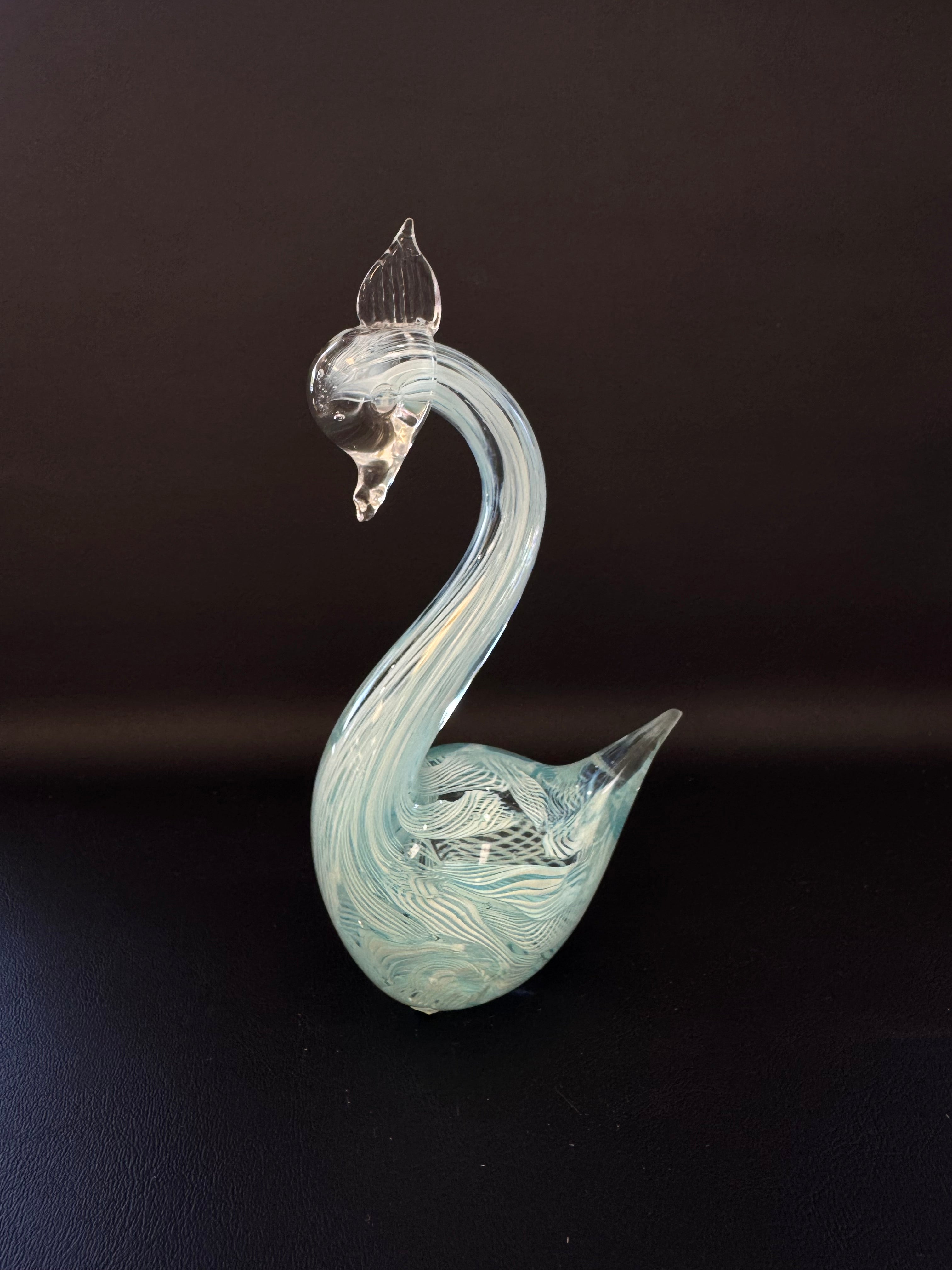 Vintage Murano Zanfirico Art Glass Swan – Blue & White Filigree