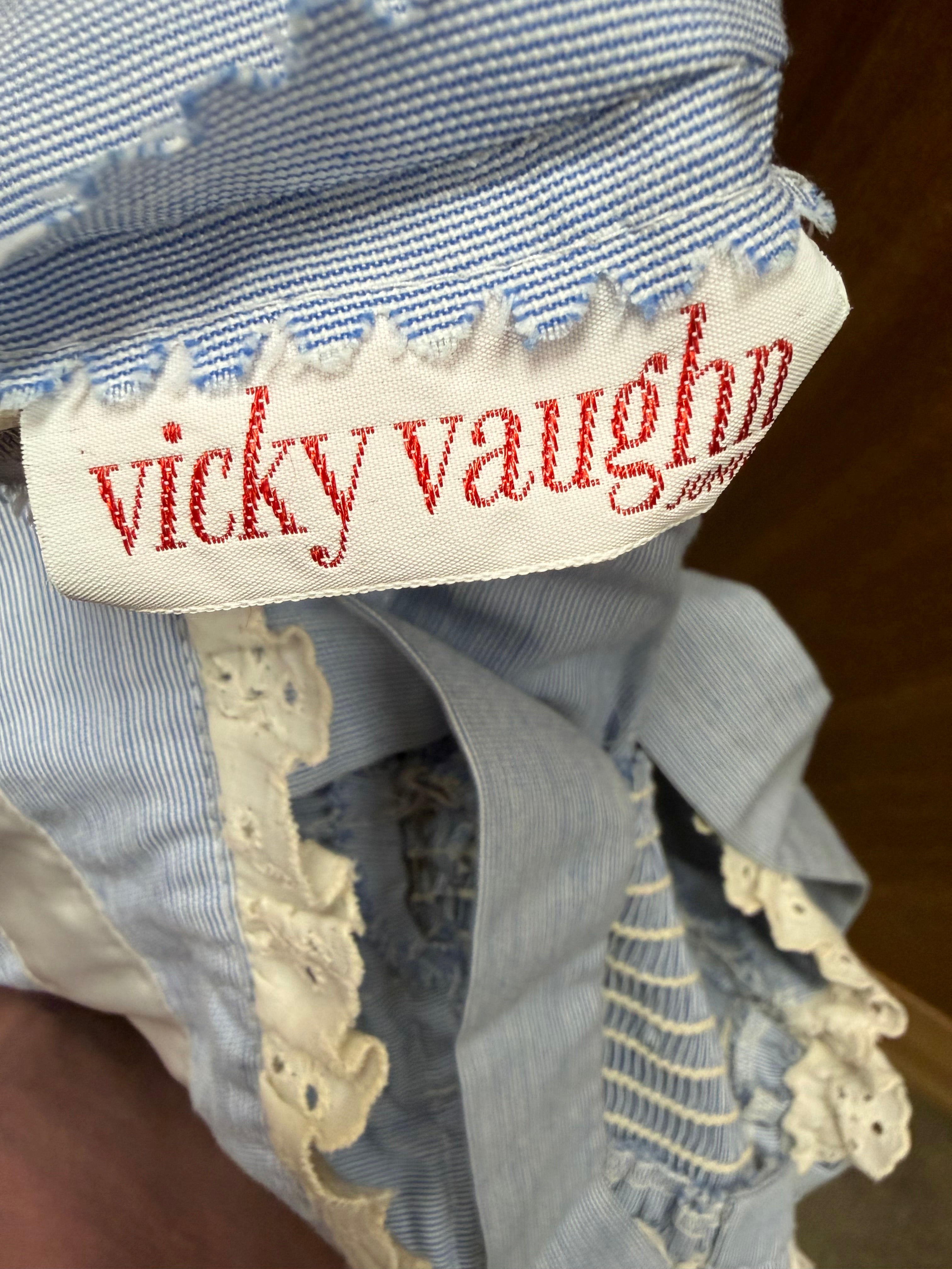 1970s Vicky Vaughn Blue & White Striped Cottagecore Dress