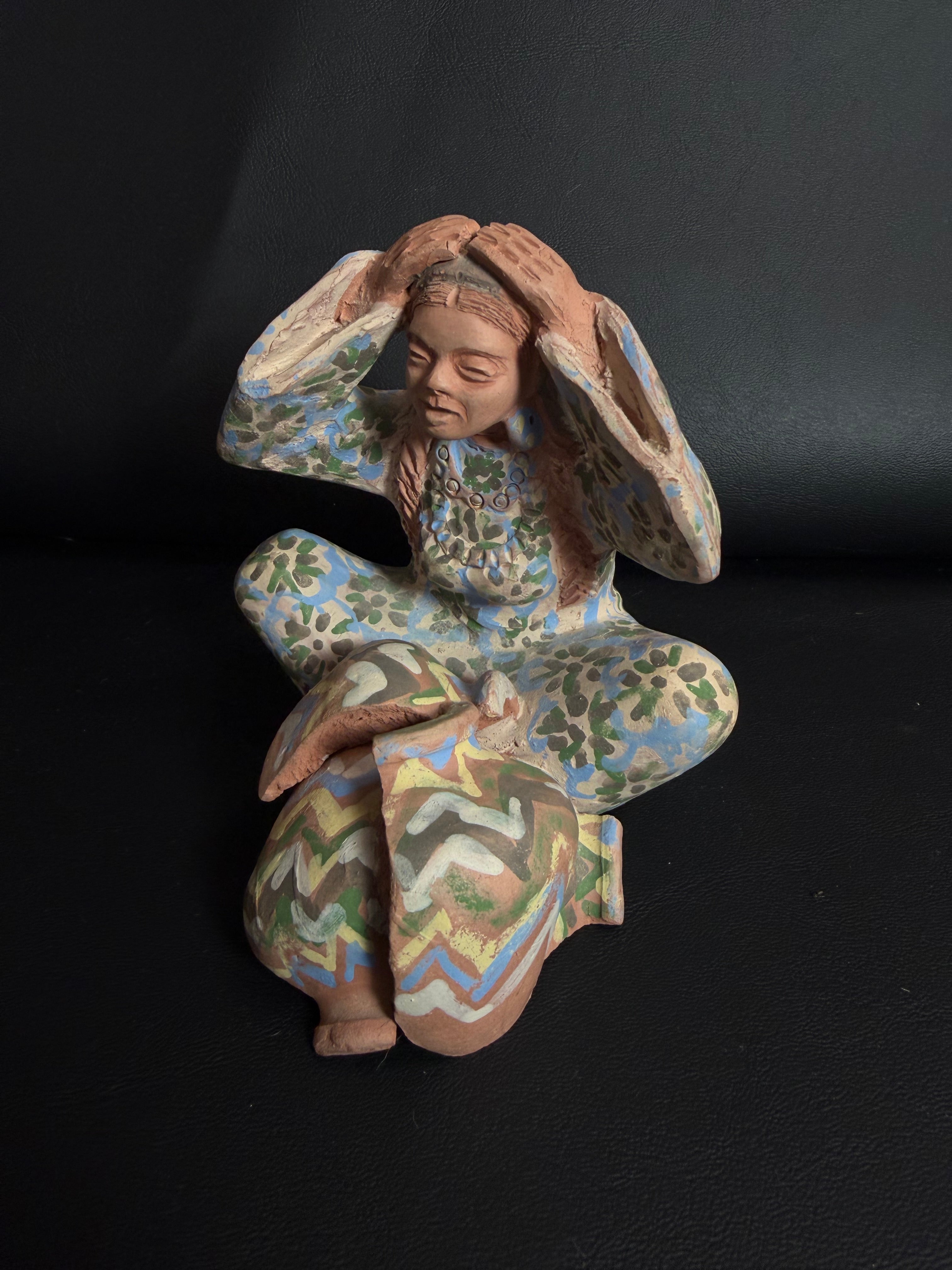 Vintage Signed Studio Art Pottery Sculpture – Woman with Broken Olla Pot, Hand-Painted Terracotta