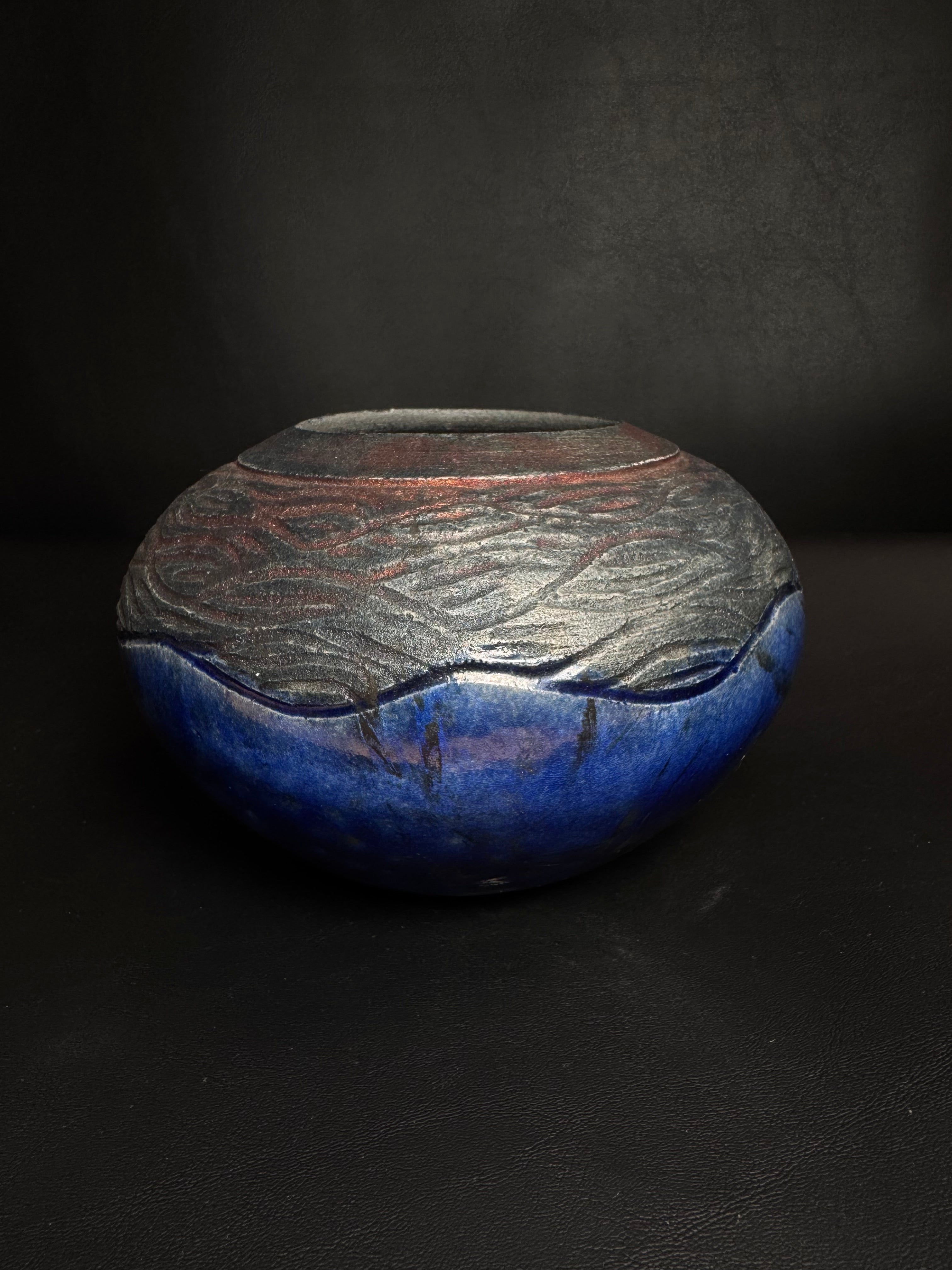 Studio Raku Art Pottery Vase - Iridescent Blue & Textured Copper