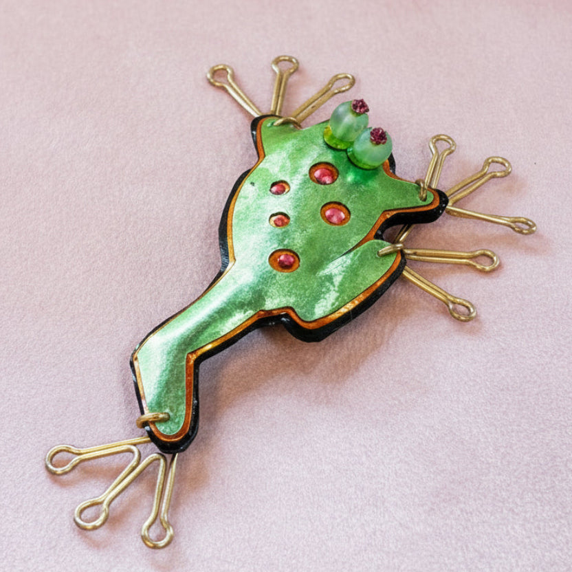 Articulated Mixed-Media Frog Brooch