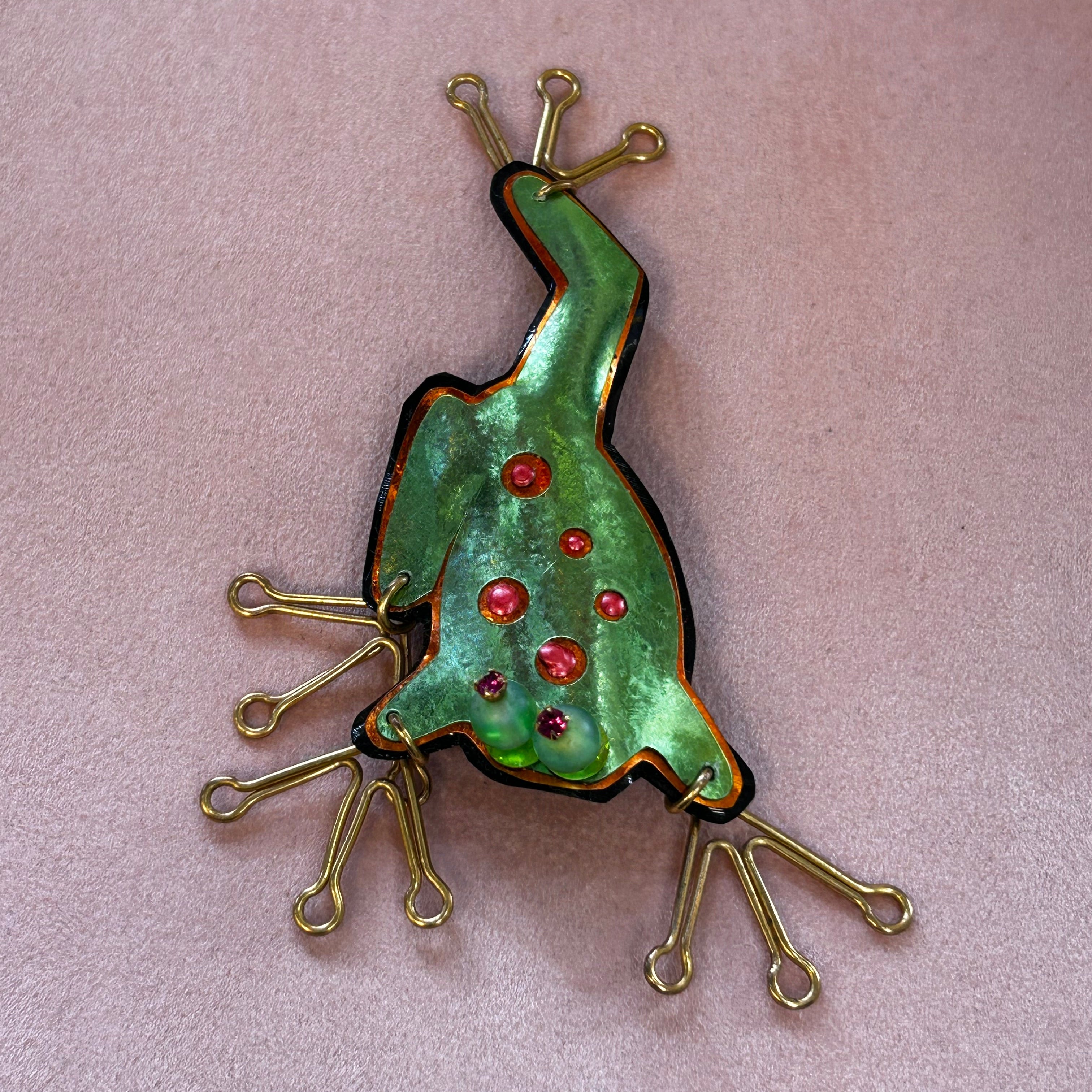 Articulated Mixed-Media Frog Brooch