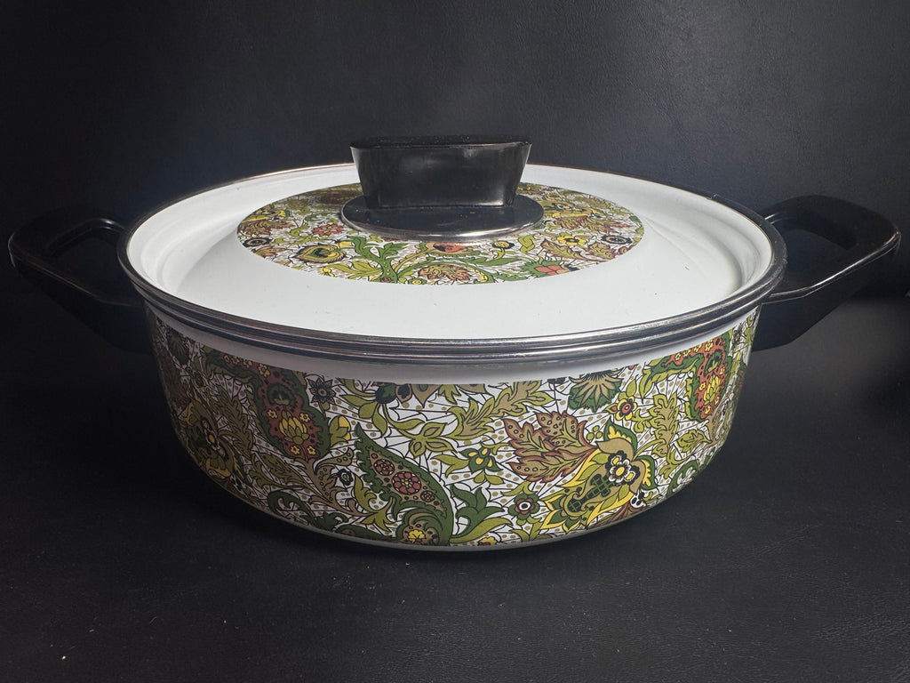 Vintage Floral Enamel Casserole Dish with Lid