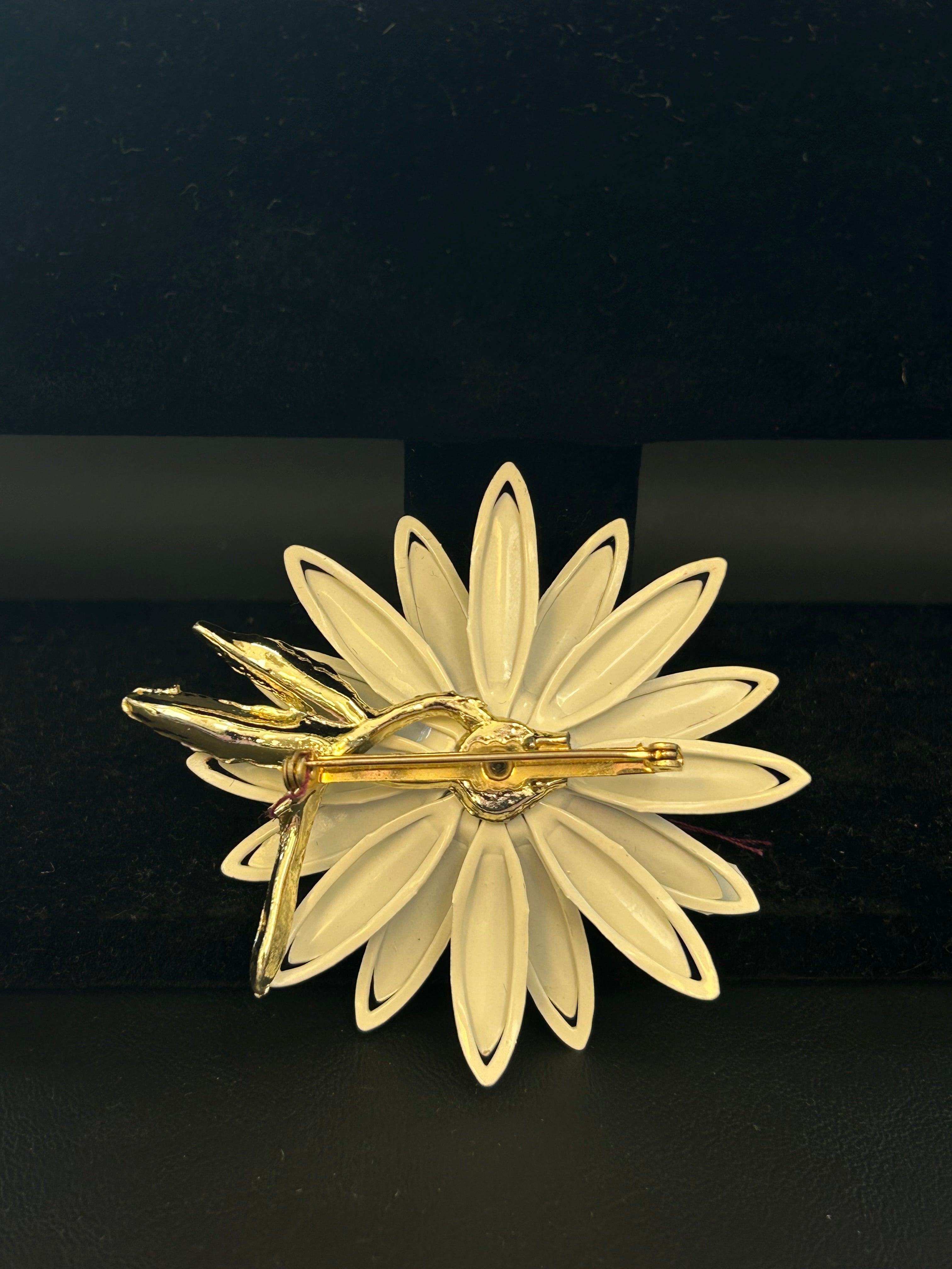Vintage White Enamel Flower Brooch