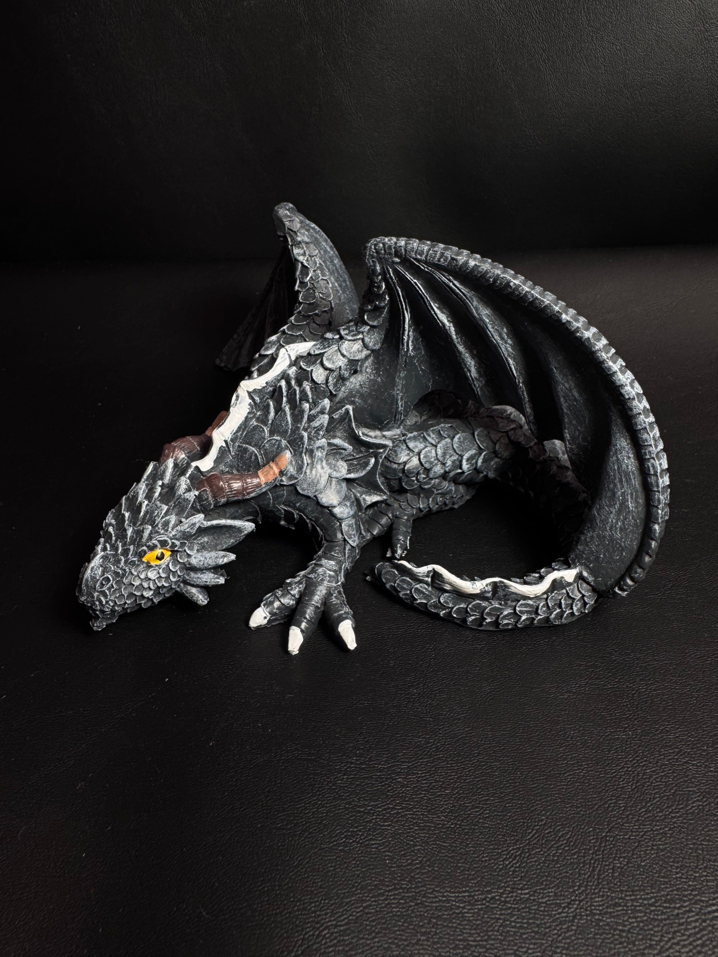 Gothic Black Dragon at Repose – Mythical Guardian Figurine