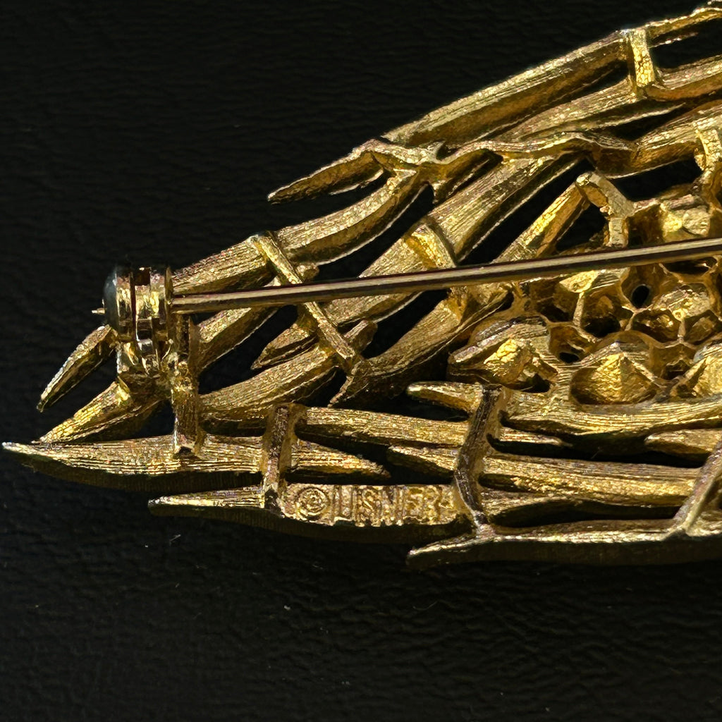 Vintage Lisner Brushed Gold & Rhinestone Leaf Brooch