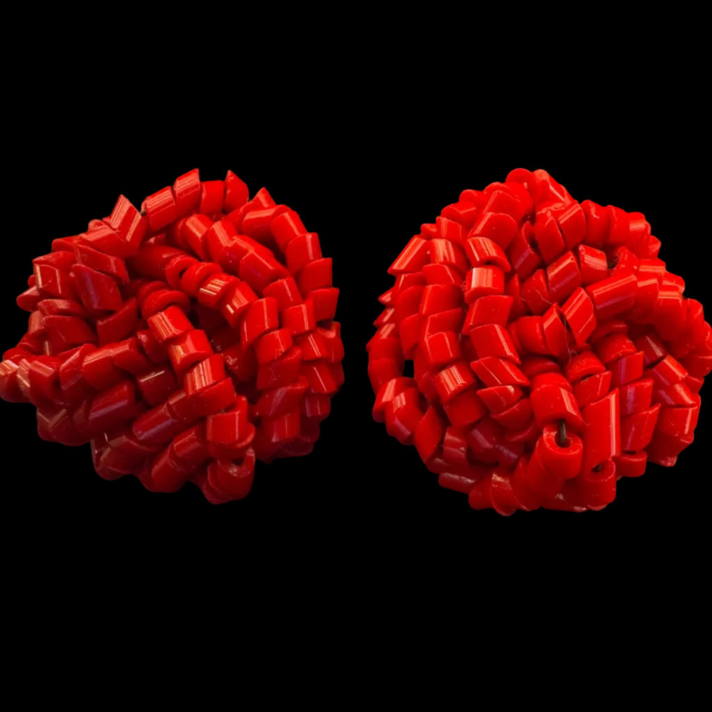 Vintage 1960s Red Bugle Bead Cluster Post Earrings