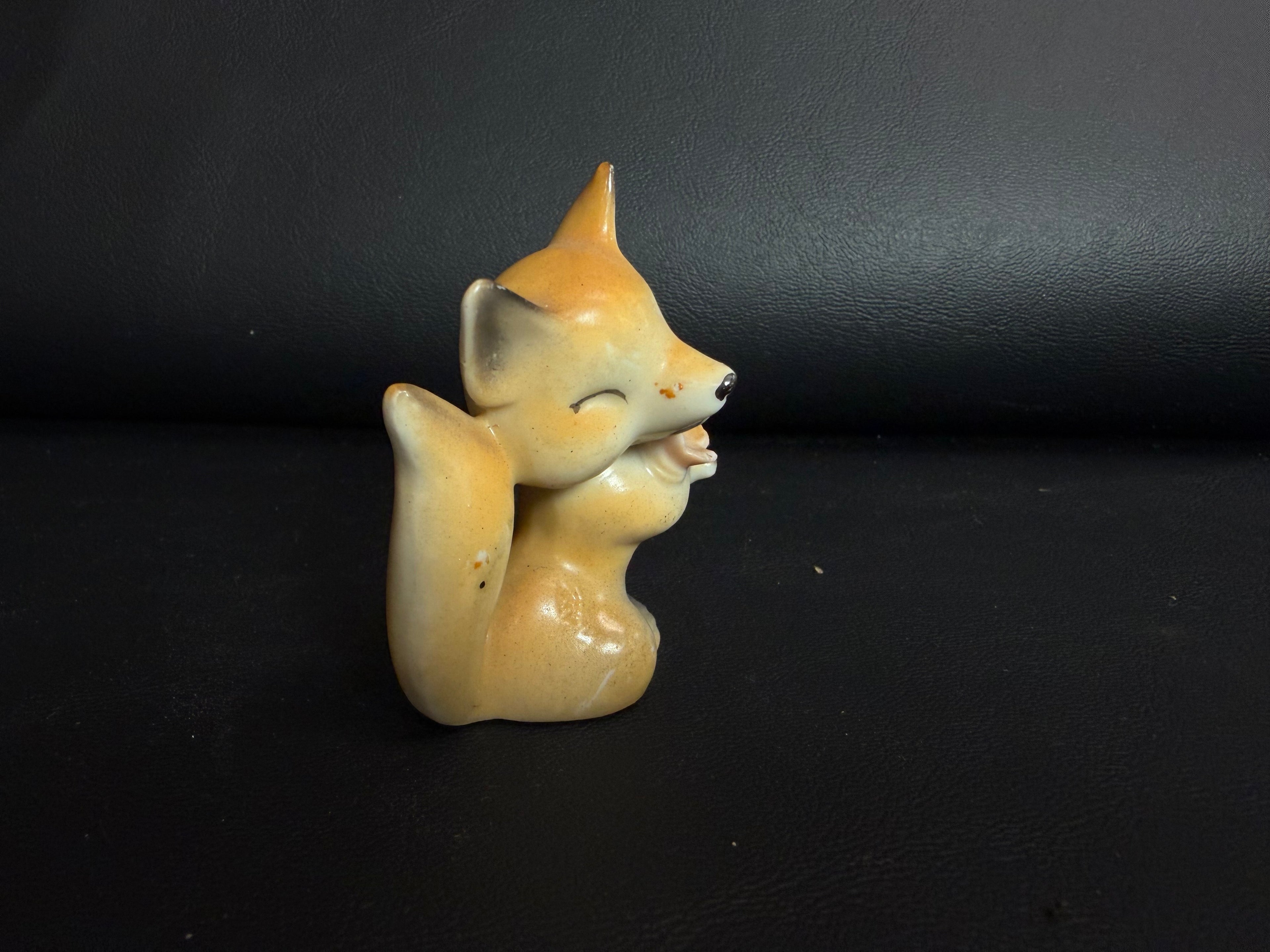 Vintage Porcelain Fox Figurine with Flower – Made in Japan