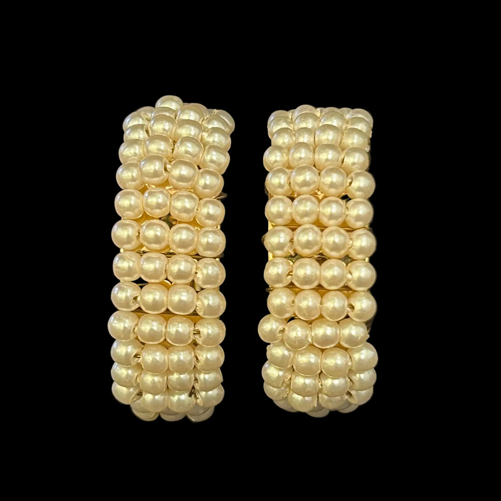 Vintage Beaded Faux Pearl Hoop Clip-On Earrings