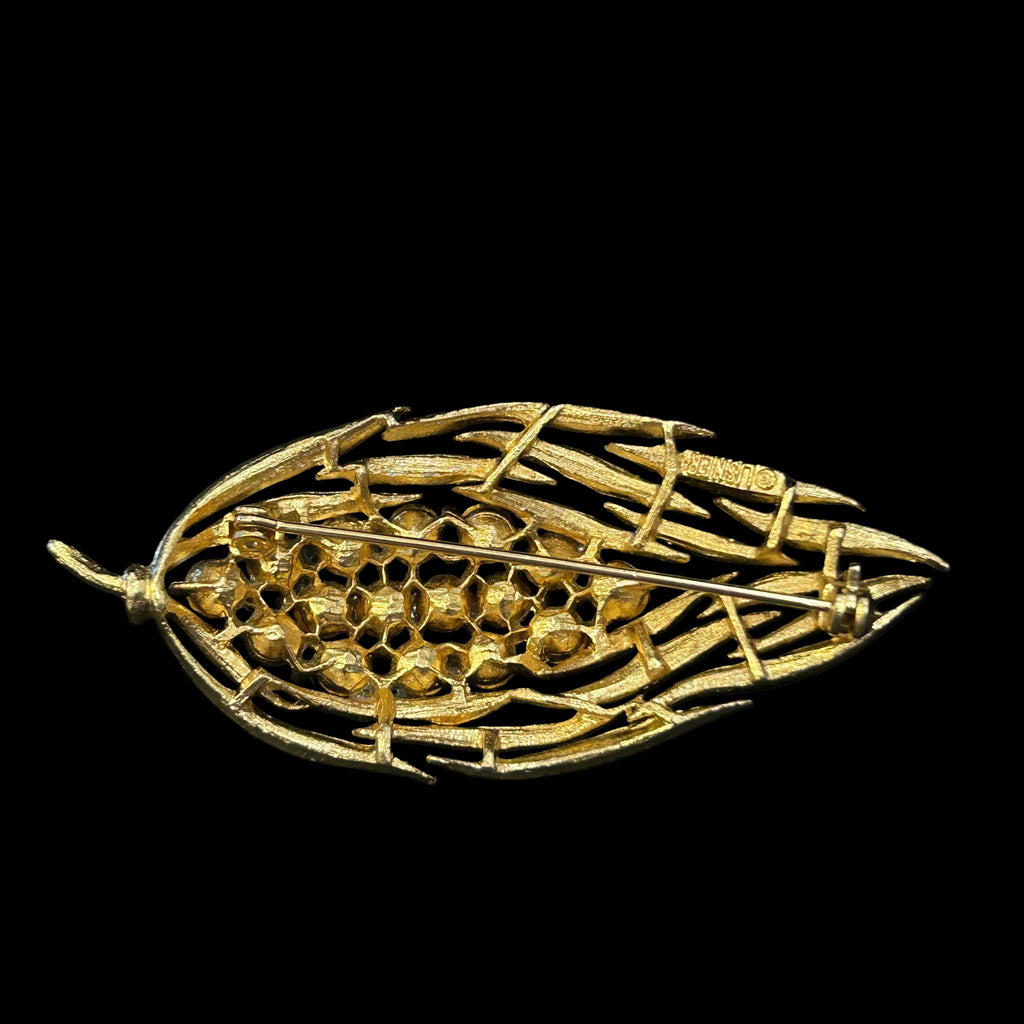 Vintage Lisner Brushed Gold & Rhinestone Leaf Brooch