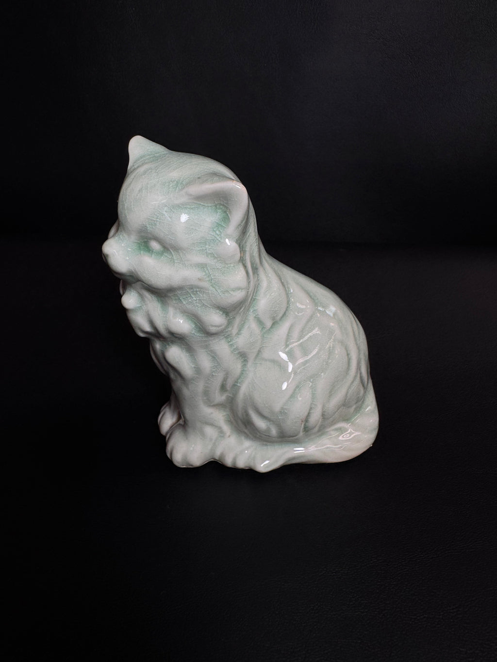 Vintage Mid-Century Celadon Crackle Glaze Persian Cat