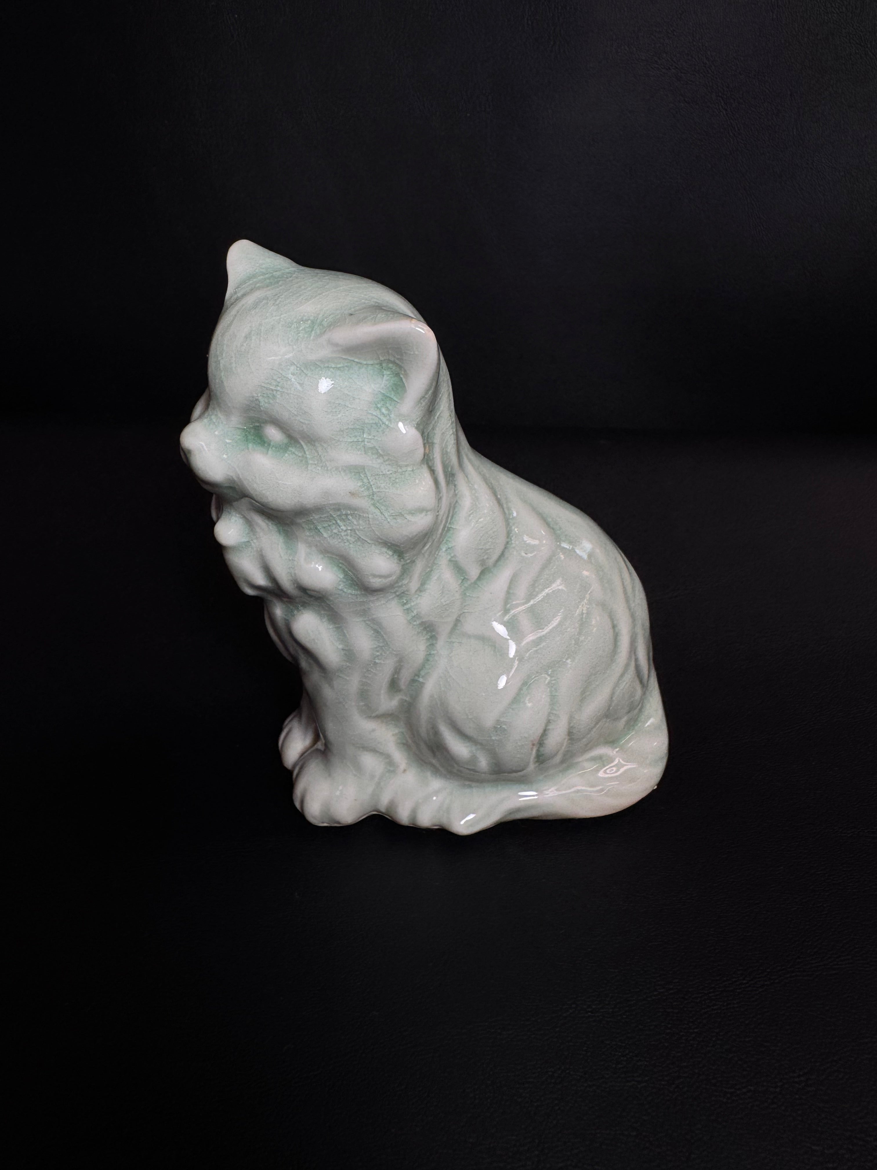 Vintage Mid-Century Celadon Crackle Glaze Persian Cat