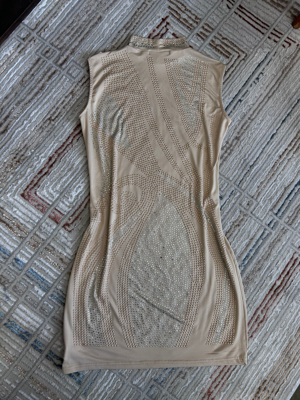 Touch Me Rhinestone Embellished Bodycon Mini Dress – Tan/Nude – Size Large