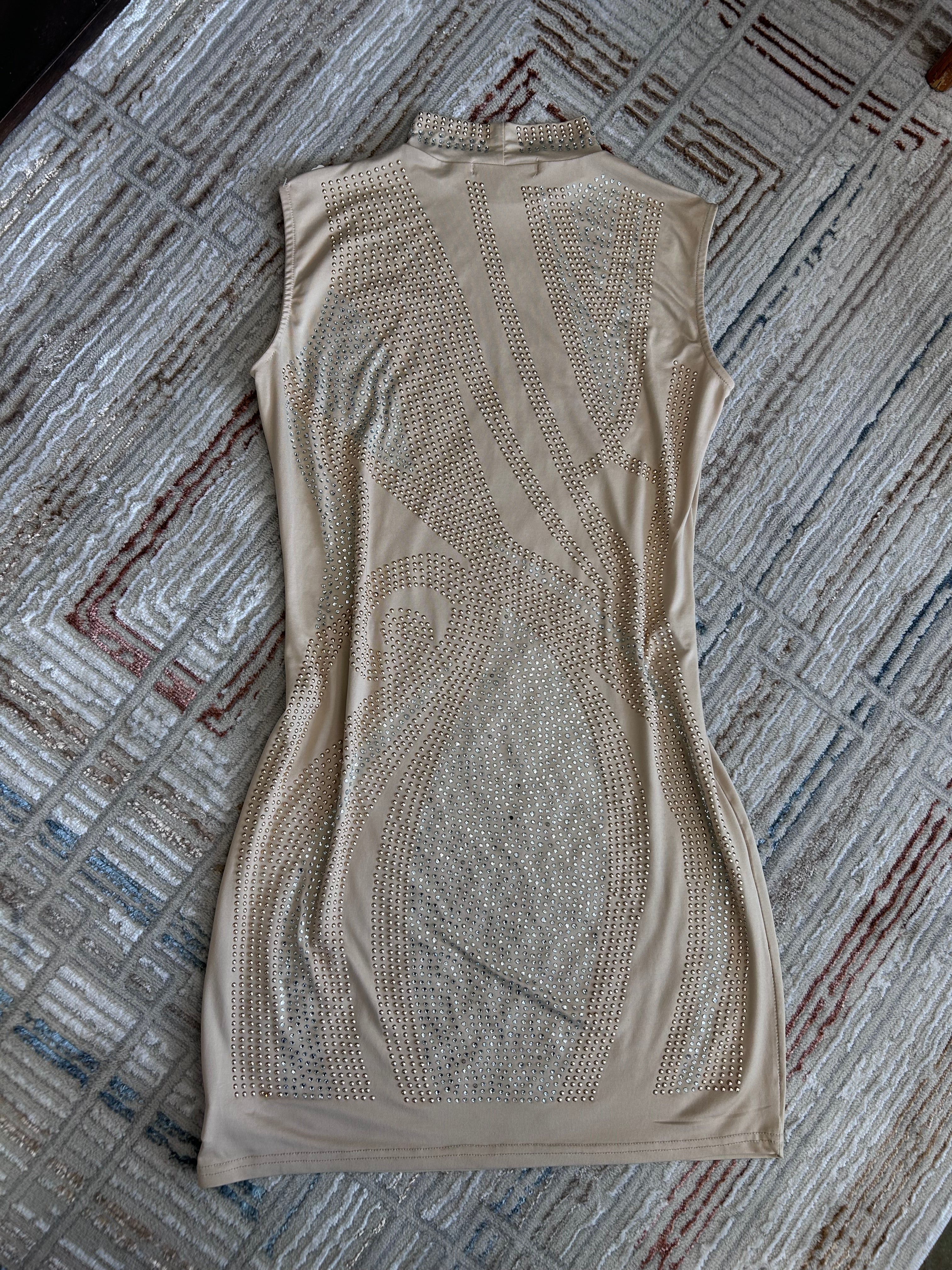 Touch Me Rhinestone Embellished Bodycon Mini Dress – Tan/Nude – Size Large