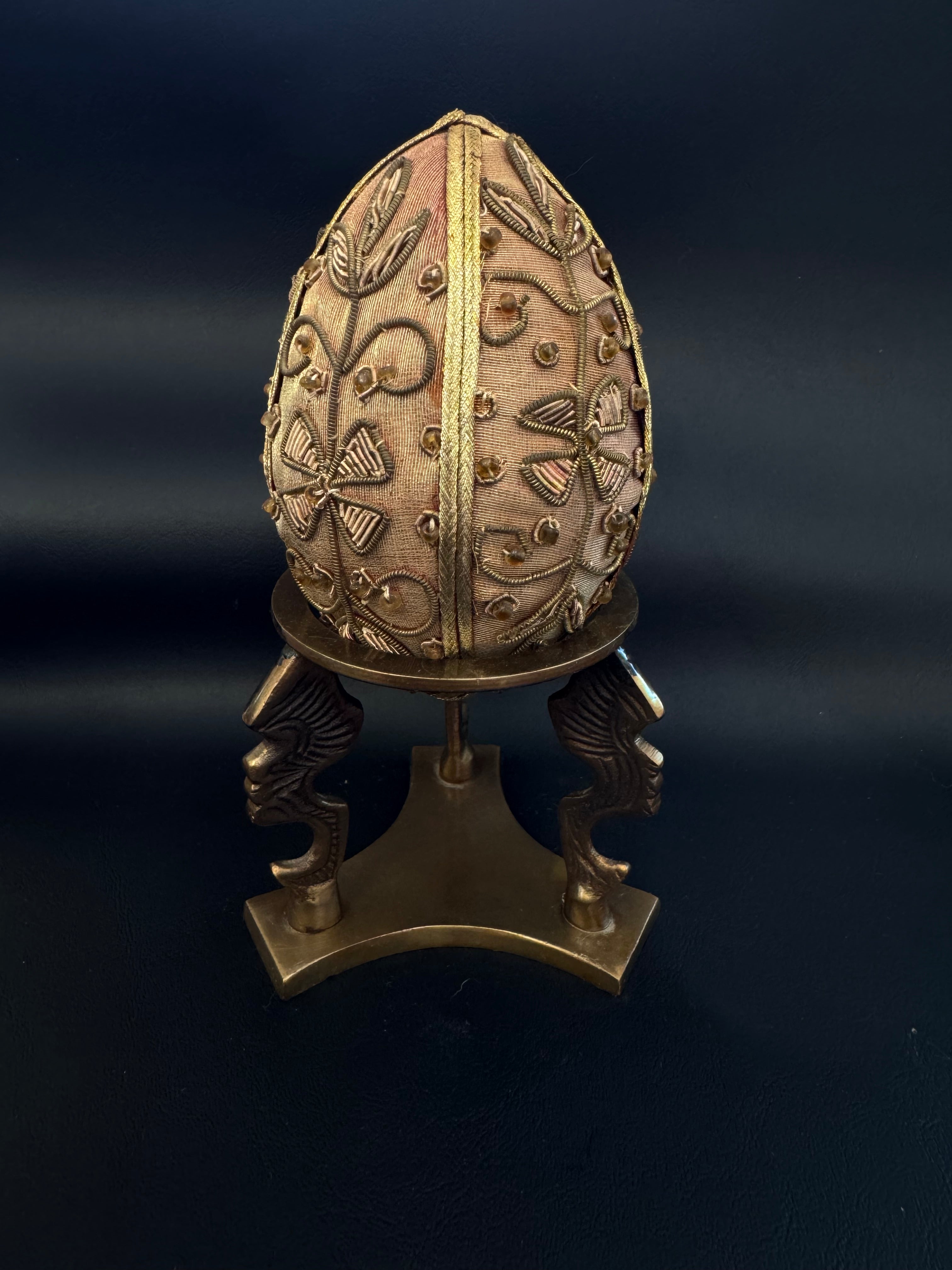 Zardozi Embroidered Decorative Egg with Brass Stand