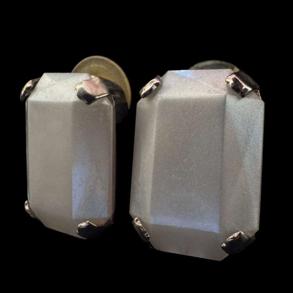 Vintage Large Rectangular Iridescent White Stone Post Earrings