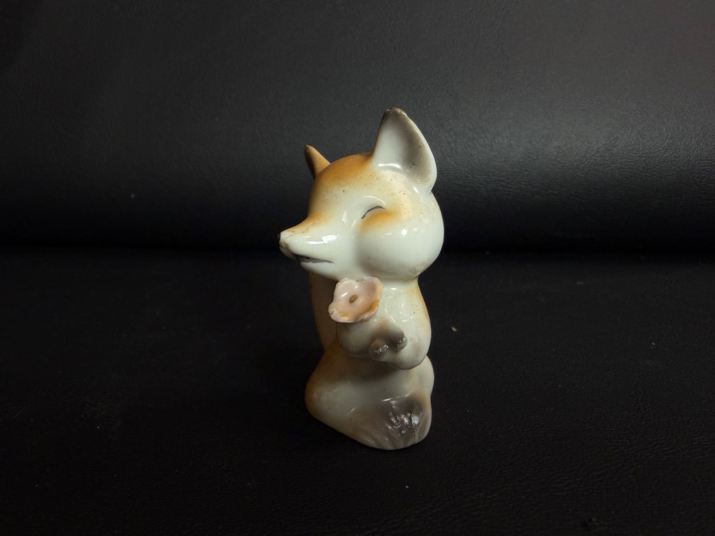 Vintage Porcelain Fox Figurine with Flower – Made in Japan