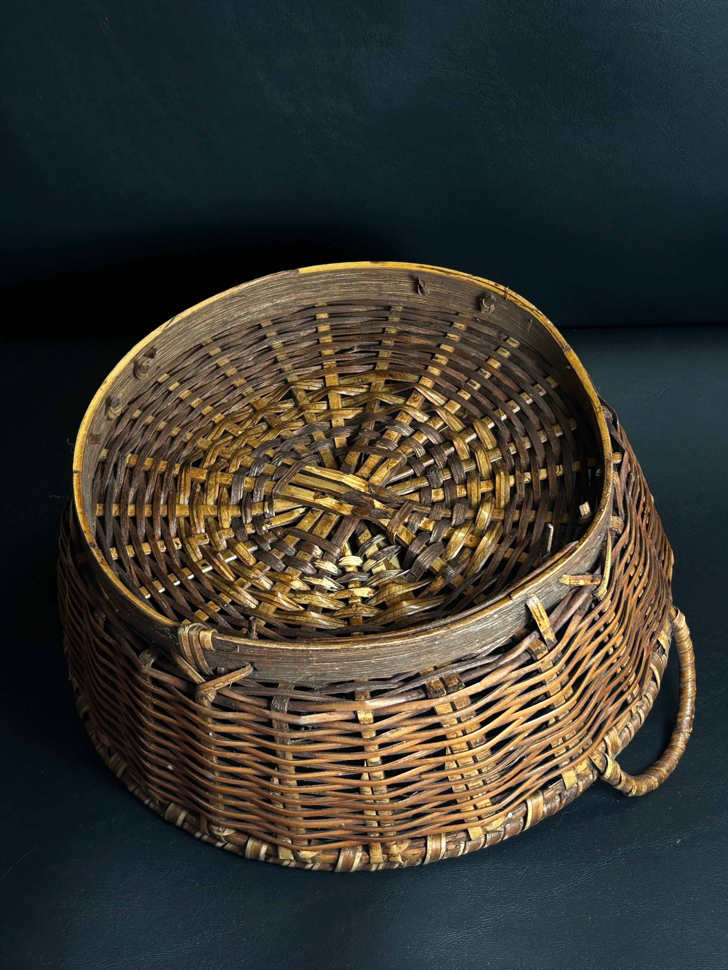 Vintage Hand-Woven Round Lidded Market Basket - Double Handle