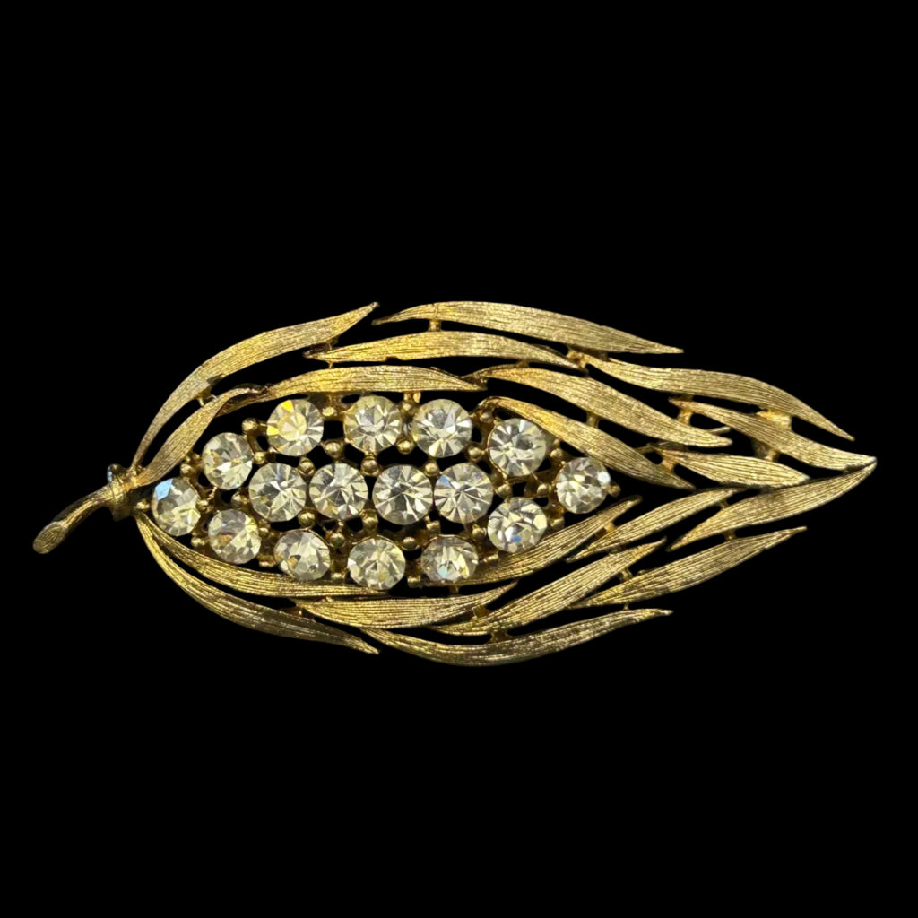Vintage Lisner Brushed Gold & Rhinestone Leaf Brooch