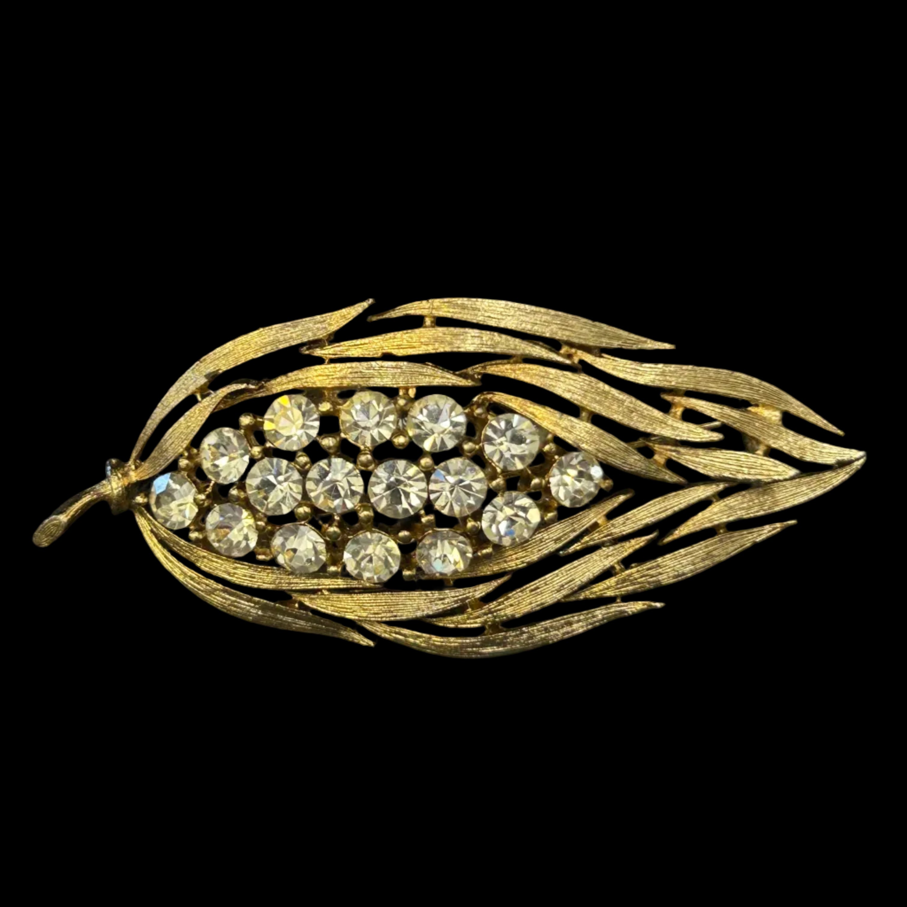Vintage Lisner Brushed Gold & Rhinestone Leaf Brooch
