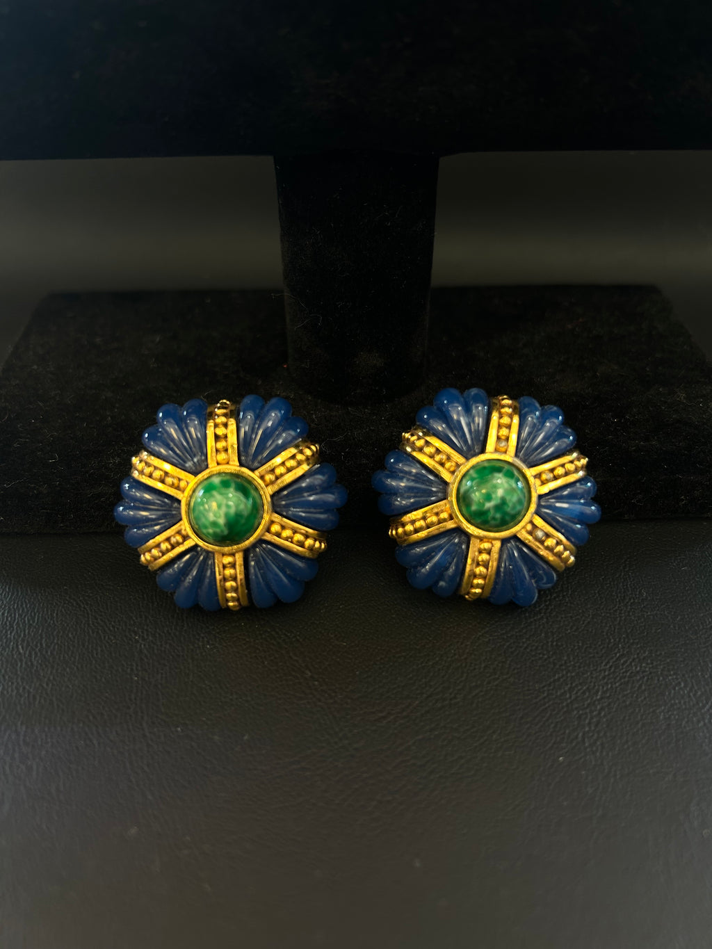 Vintage Blue & Gold Fluted Clip-On Earrings