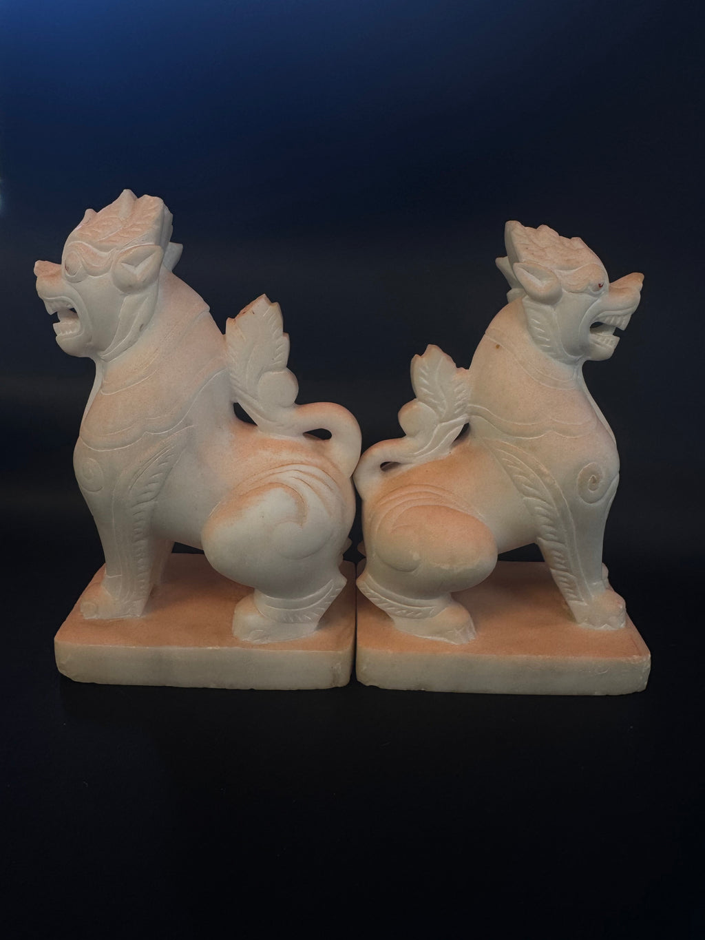 Pair of Hand-Carved Burmese White Marble Chinthe Statues