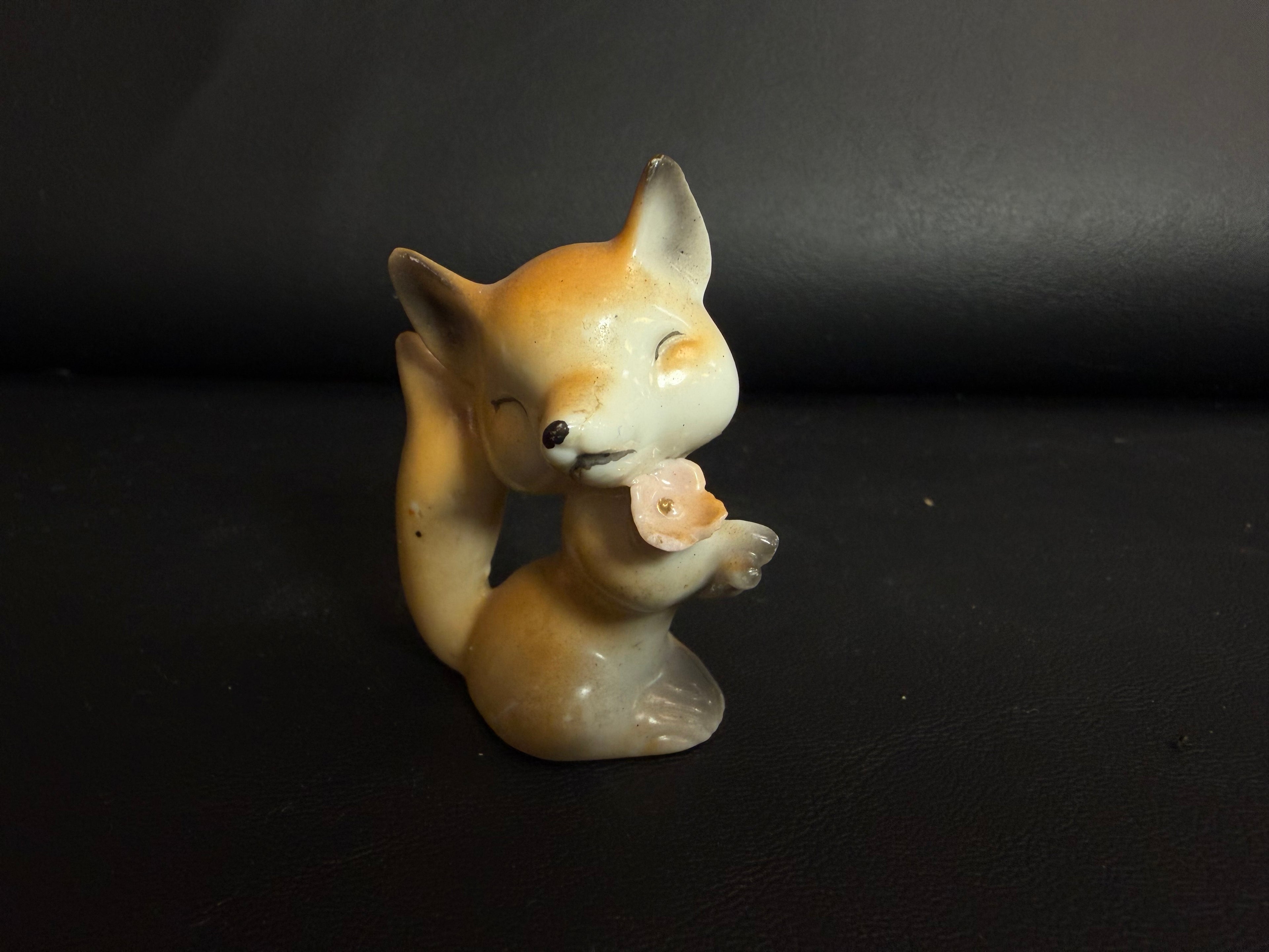 Vintage Porcelain Fox Figurine with Flower – Made in Japan