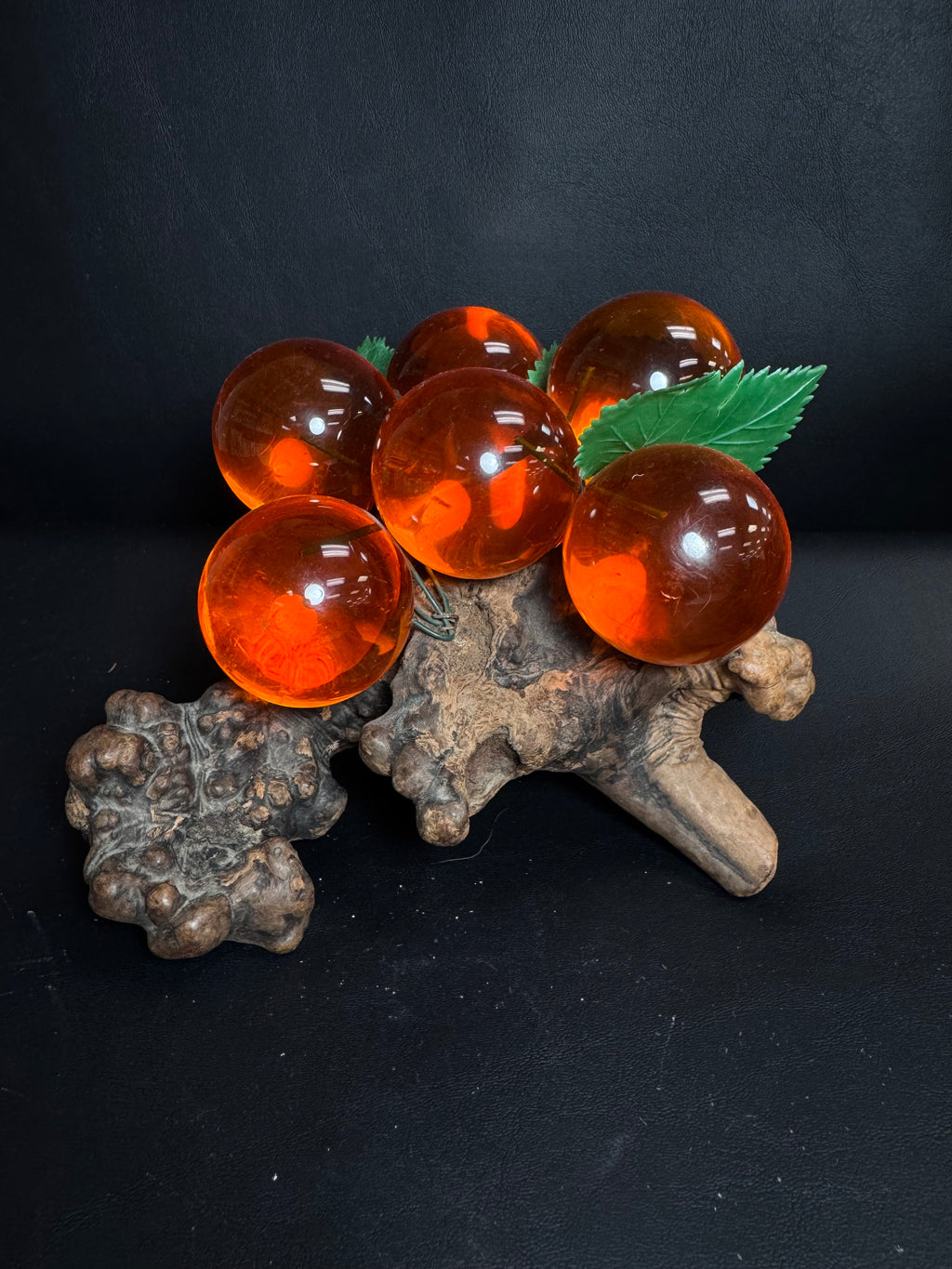 Vintage Amber Lucite Grape Cluster on Driftwood