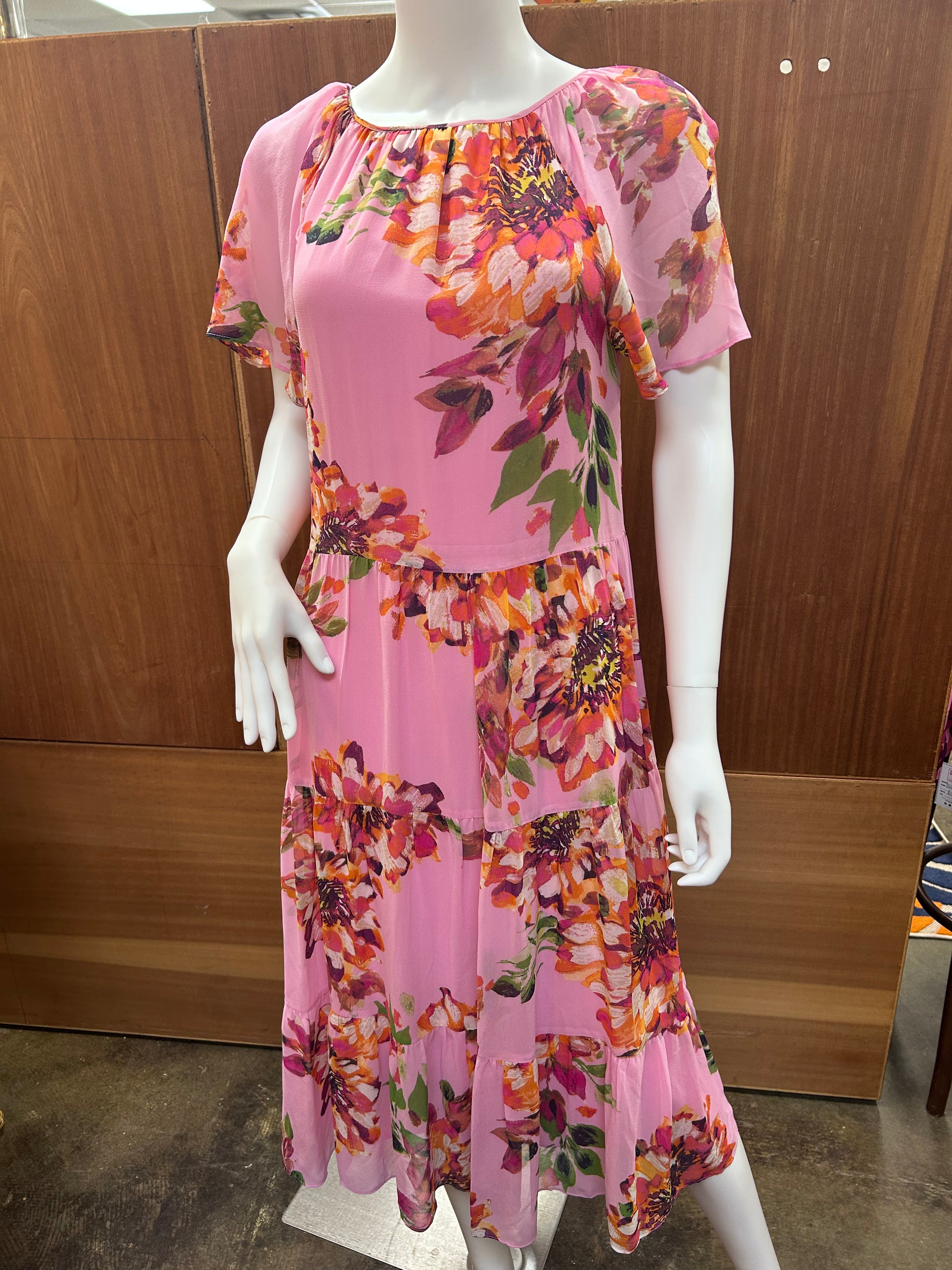 Trina Turk Road Trip Floral Silk A-line Tiered Midi Dress