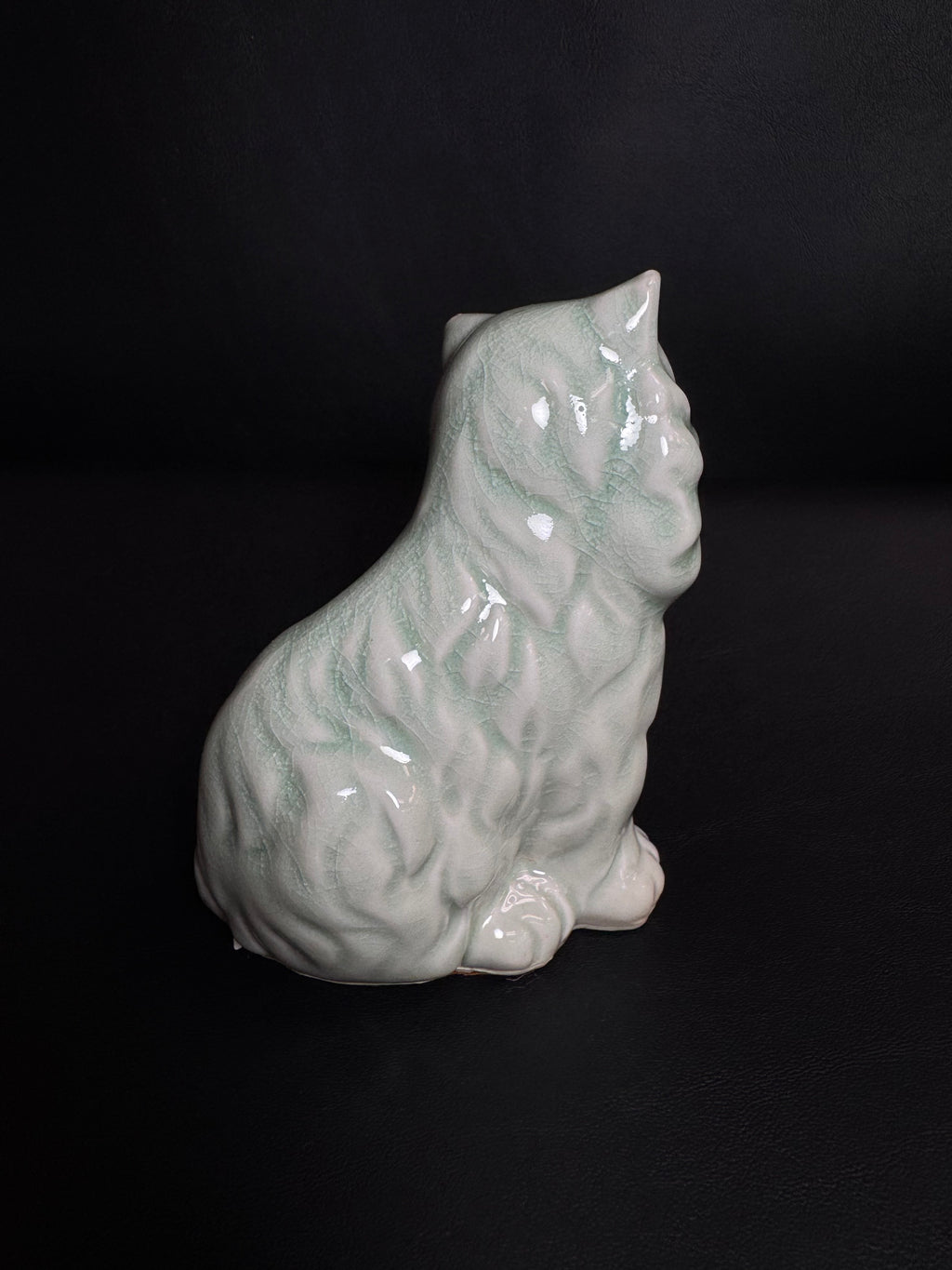 Vintage Mid-Century Celadon Crackle Glaze Persian Cat