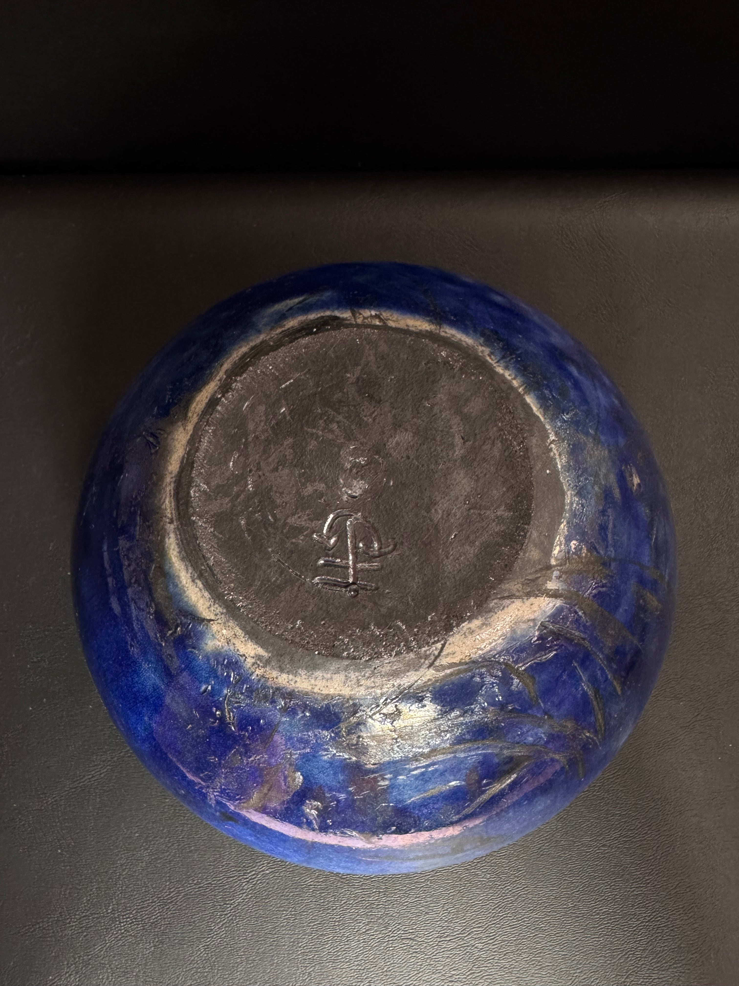 Studio Raku Art Pottery Vase - Iridescent Blue & Textured Copper