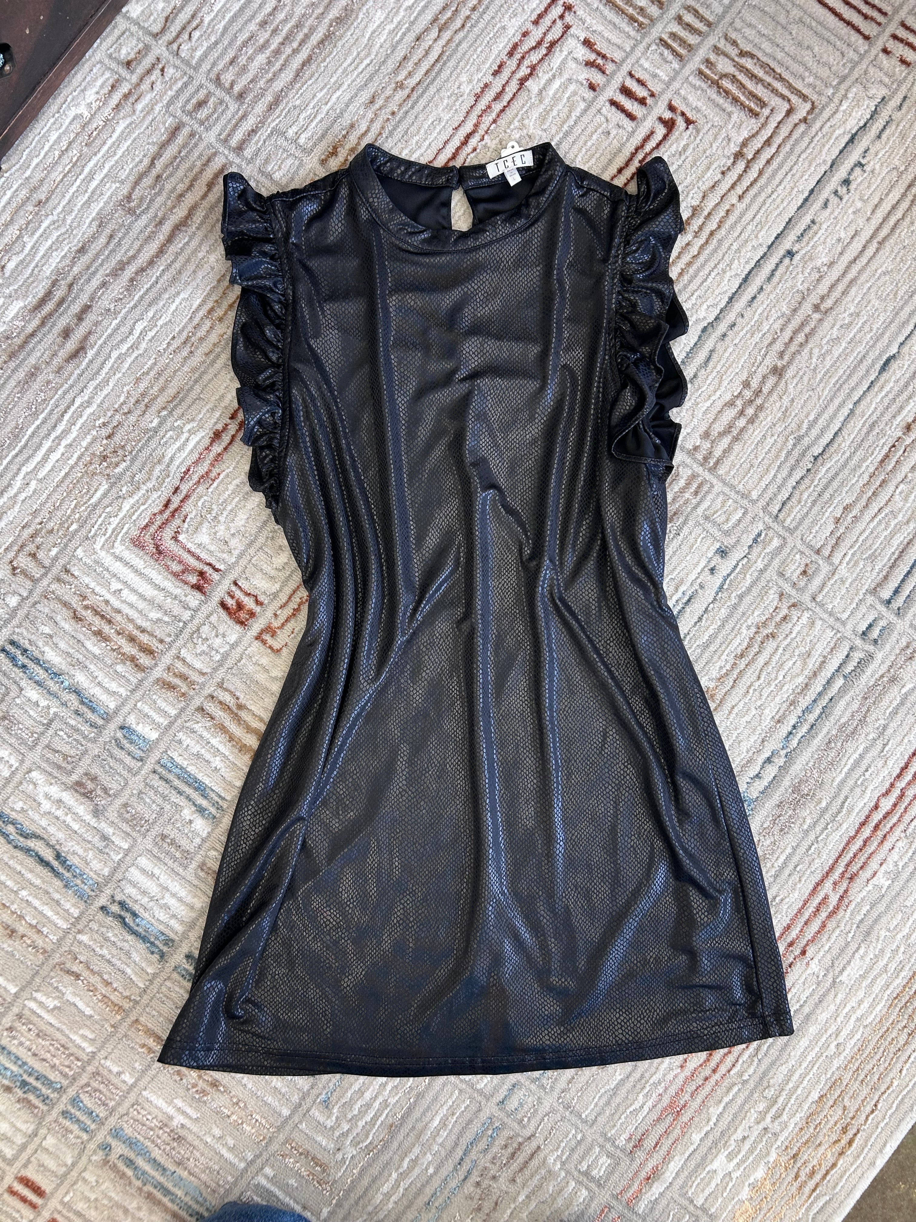 TCEC Metallic Snakeskin Ruffle Sleeve Mini Dress - Black/Silver - Large
