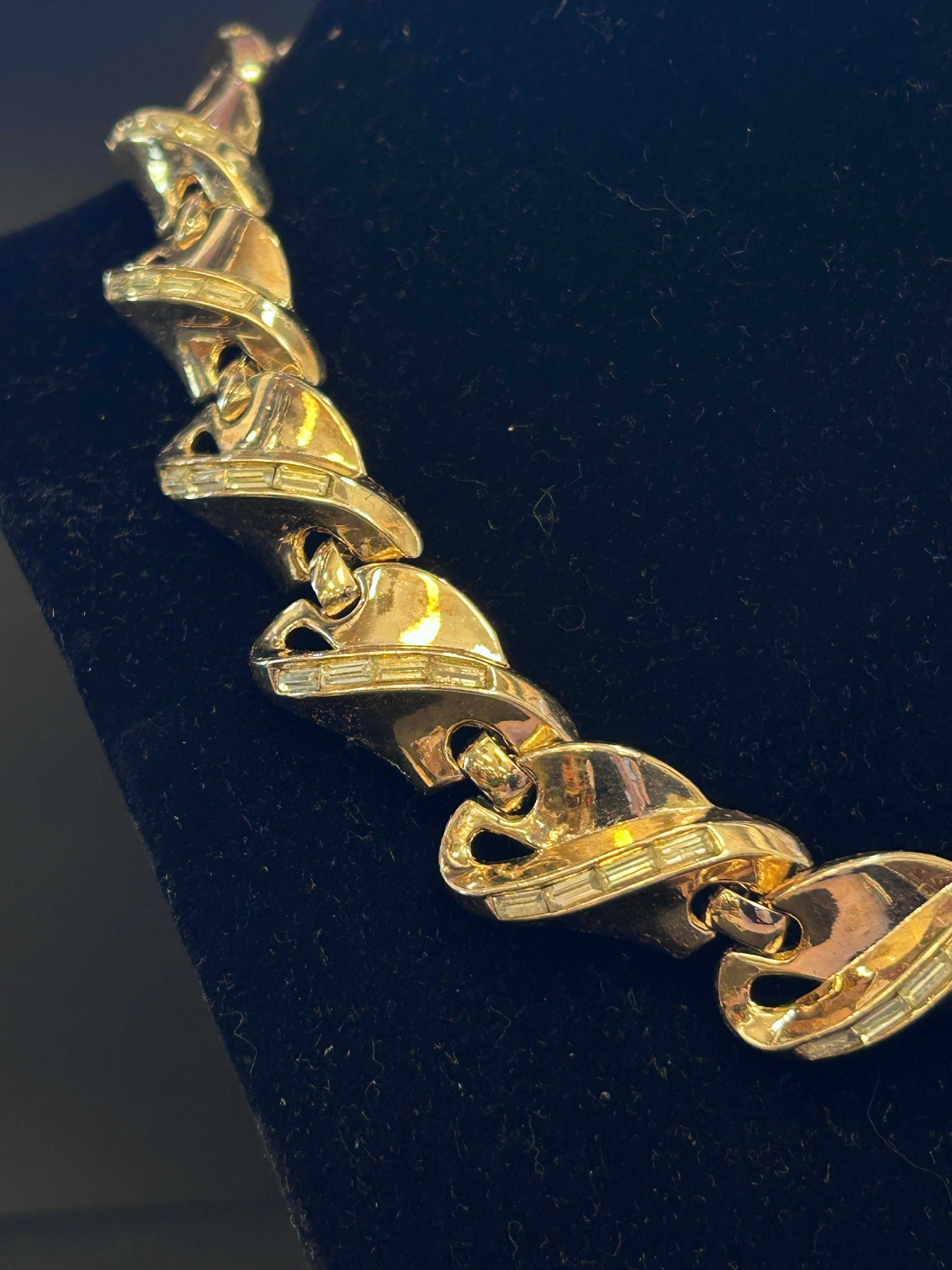Vintage Gold-Tone Baguette Rhinestone Link Necklace