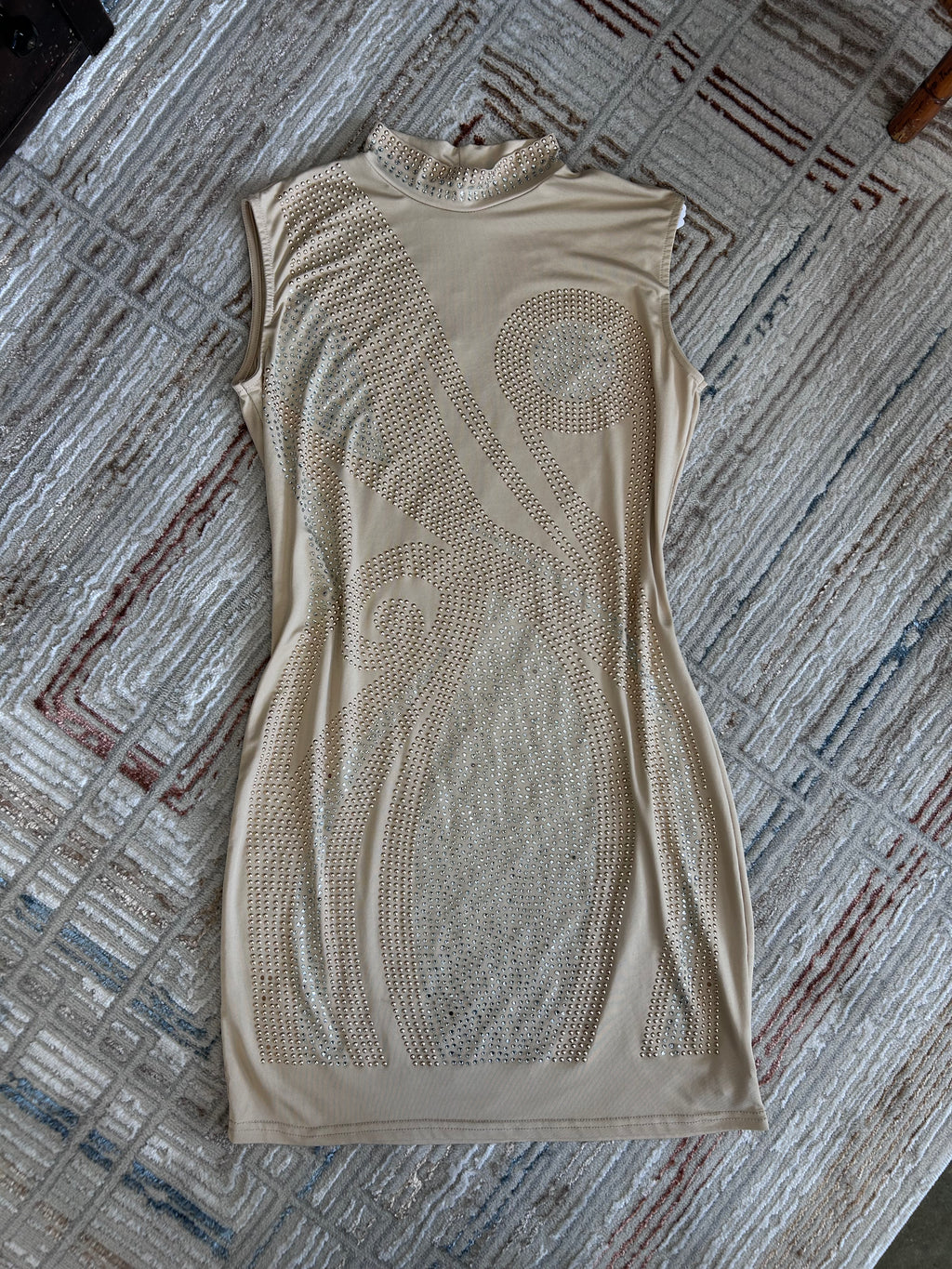 Touch Me Rhinestone Embellished Bodycon Mini Dress – Tan/Nude – Size Large