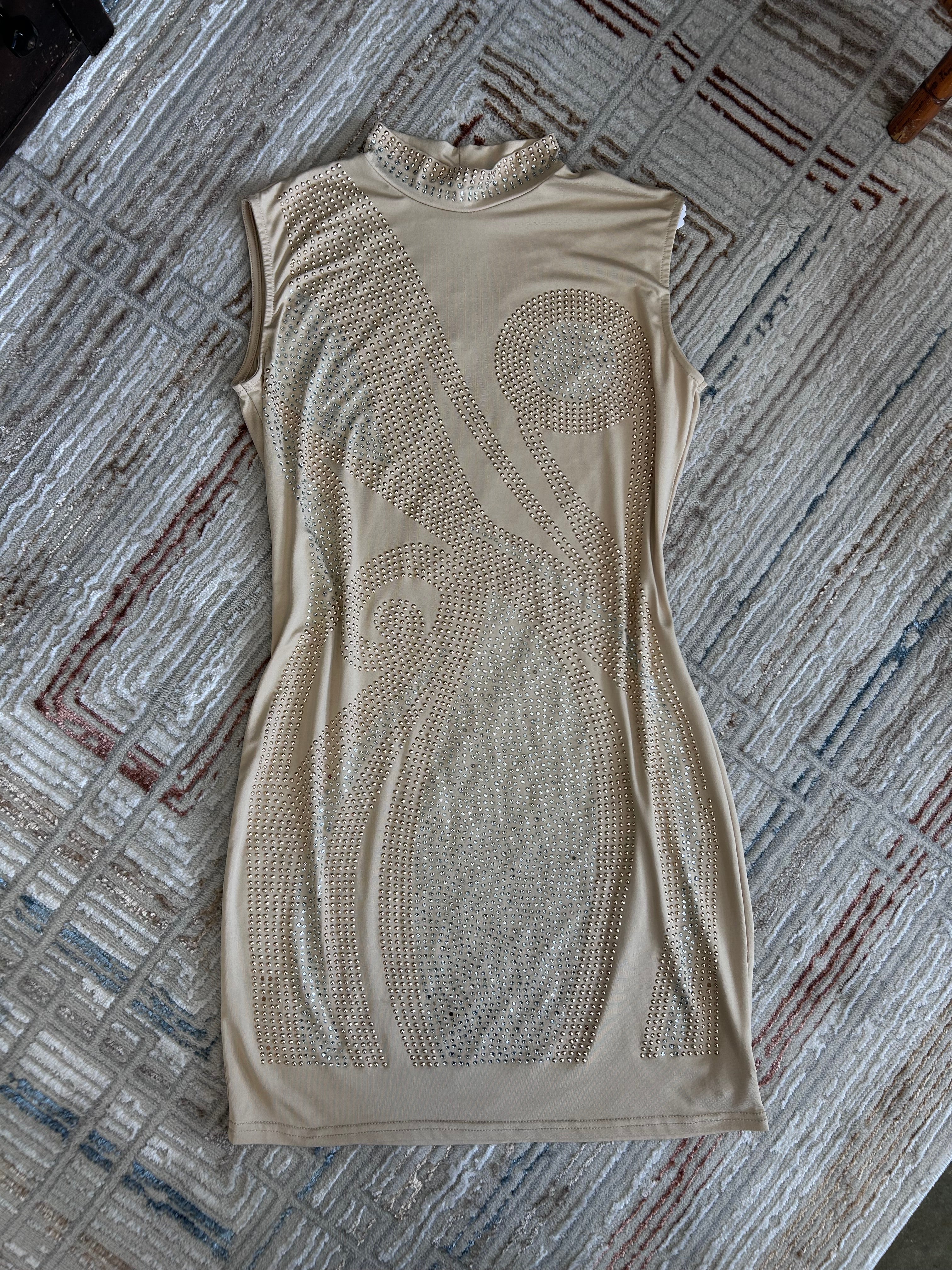 Touch Me Rhinestone Embellished Bodycon Mini Dress – Tan/Nude – Size Large